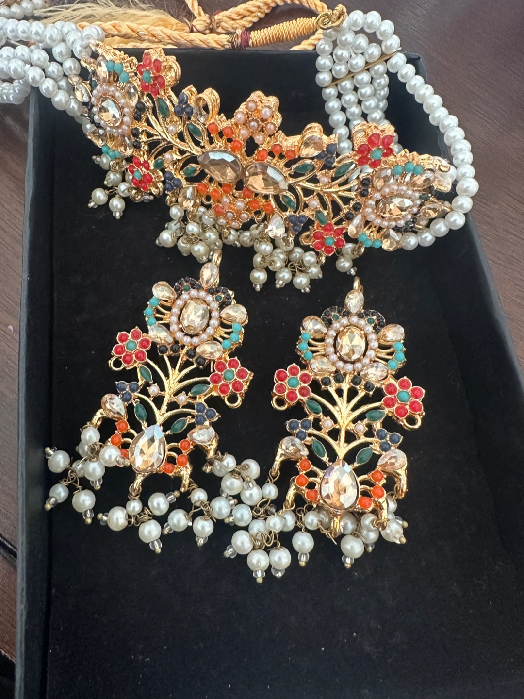 Gold Tone Necklace and Earrings Set with Pearls and Gems