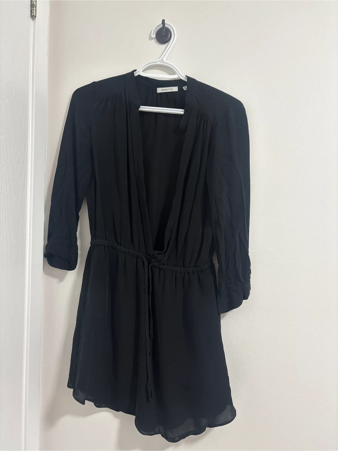Babaton Black V-Neck Romper with Drawstring Waist