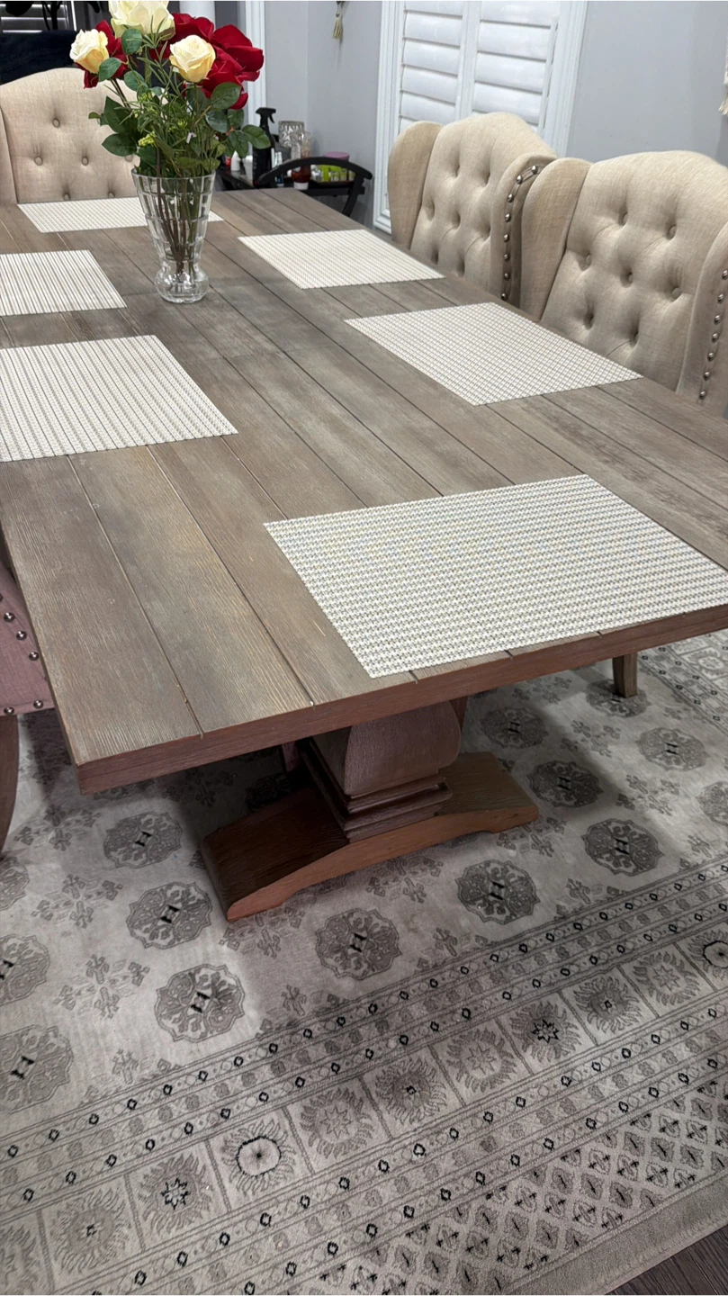 Rustic Wood Dining Table with Tufted Chairs
