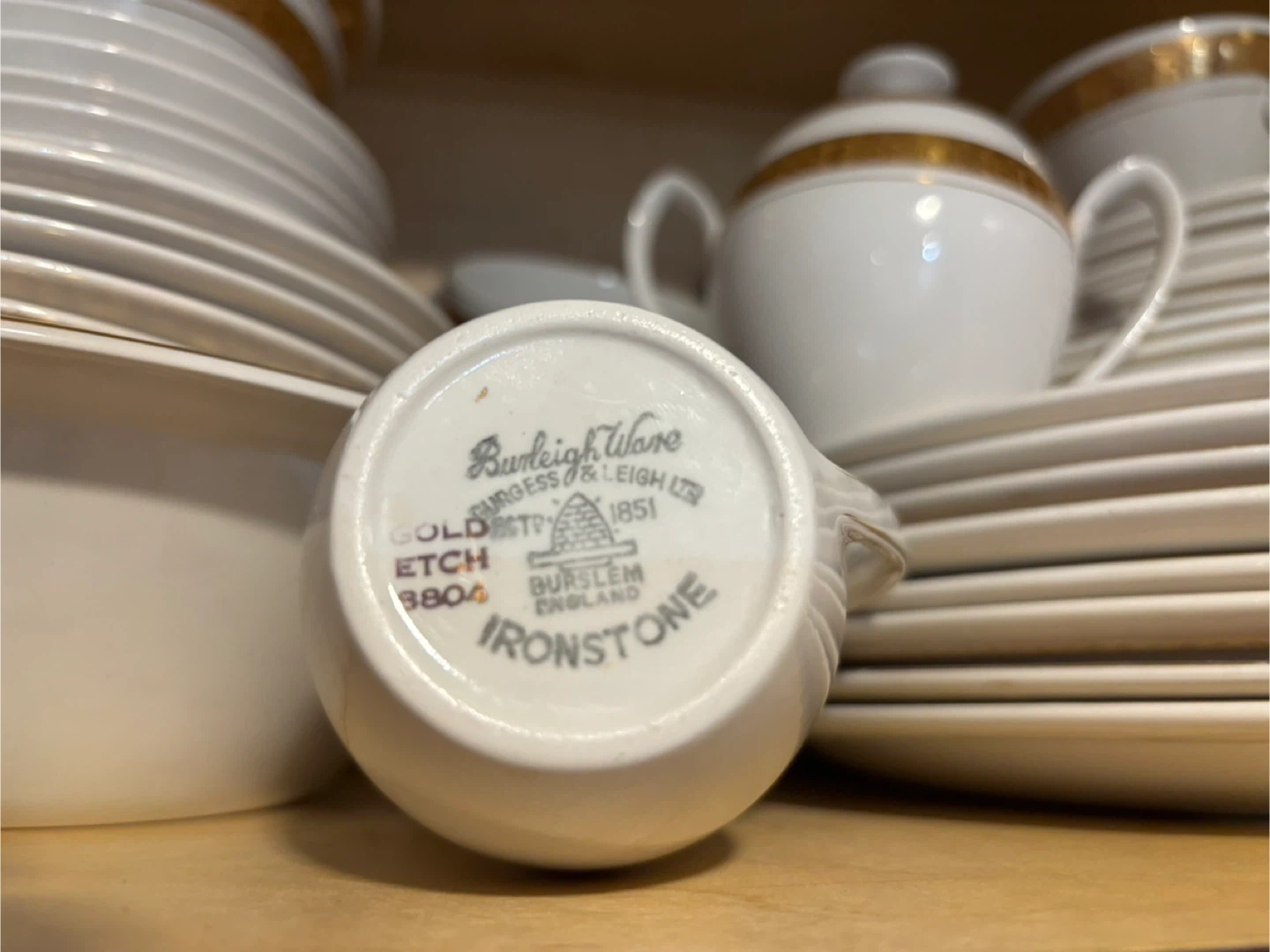 51 pcs Burleigh Ware Gold St. Ives Etch Ironstone Dinnerware Set