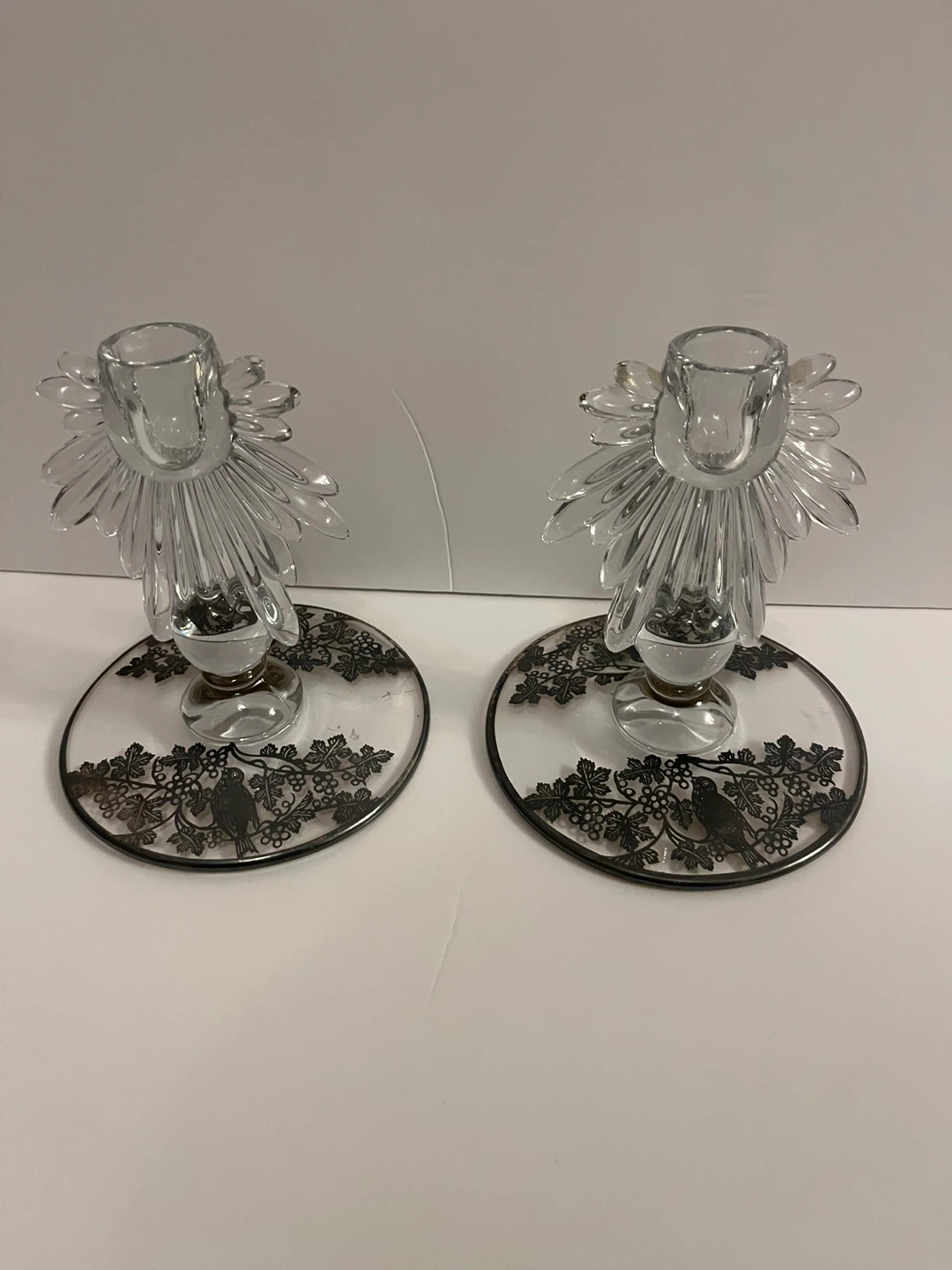 Vintage Pair of Glass Candlesticks with Bird and Vine Design