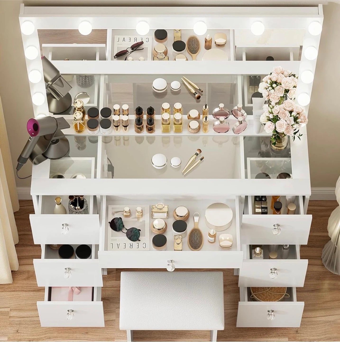 White Vanity Table with LED Lights and Built-in Power Strip - photo 2
