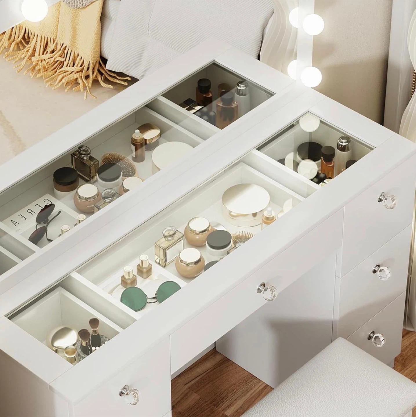 White Vanity Table with LED Lights and Built-in Power Strip - photo 5