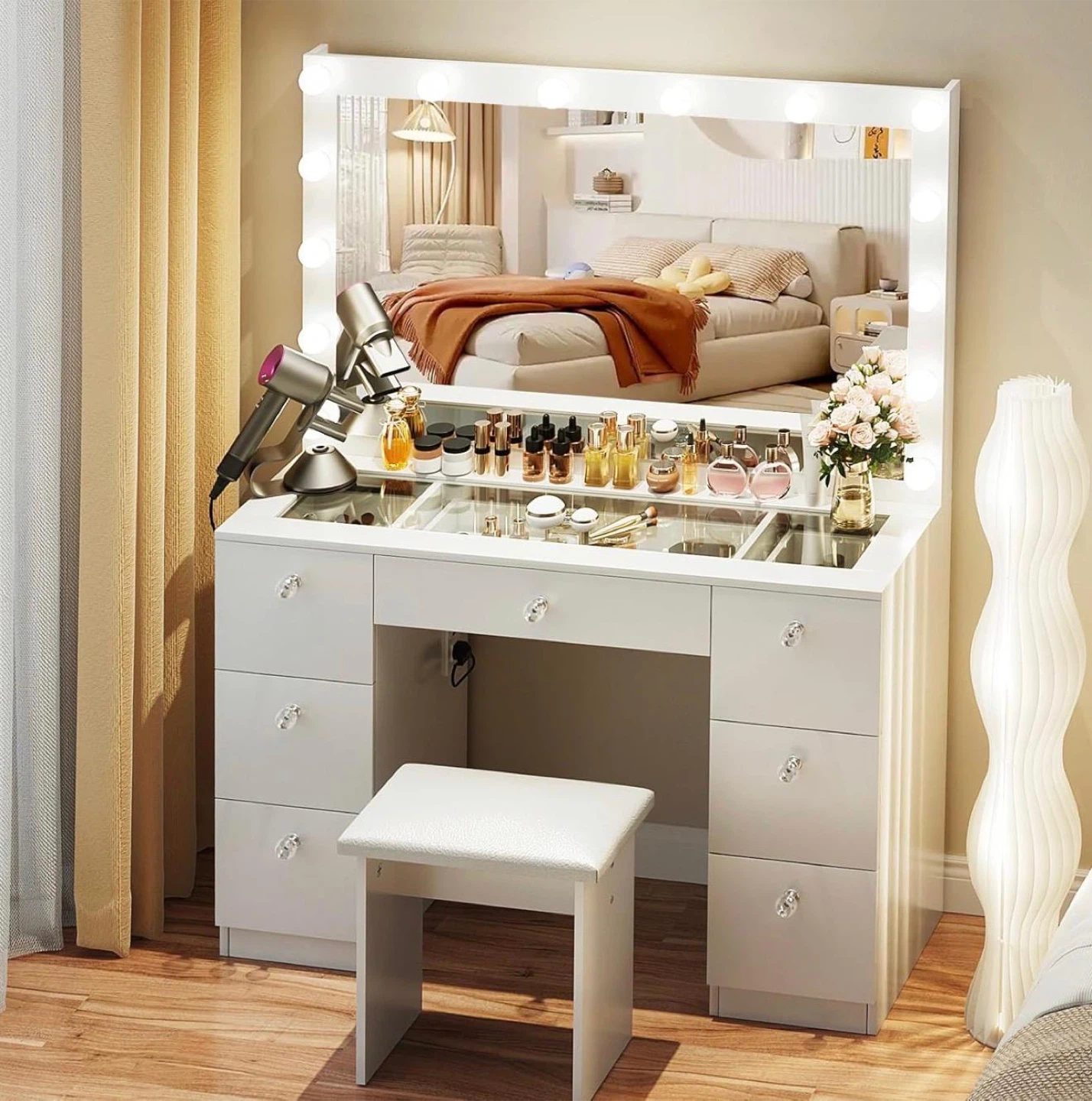 White Vanity Table with LED Lights and Built-in Power Strip - photo 4