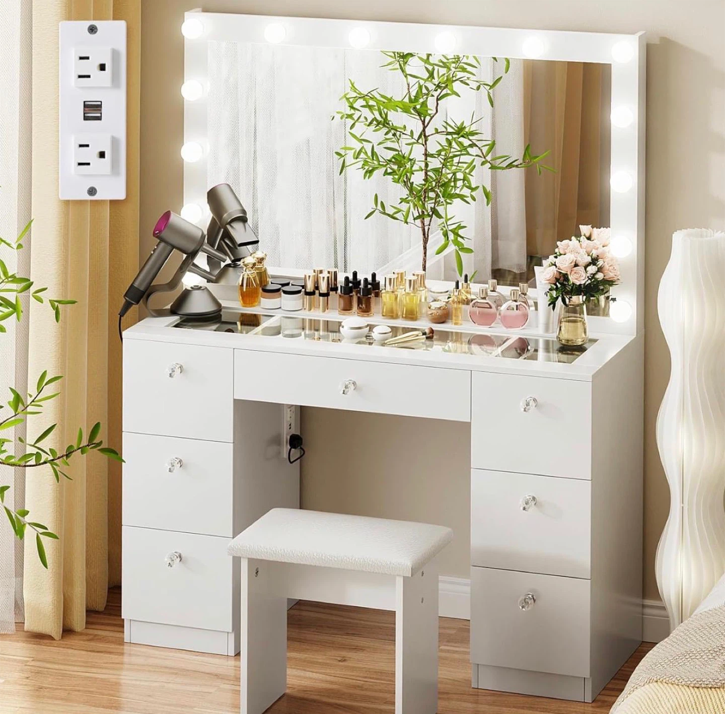 White Vanity Table with LED Lights and Built-in Power Strip