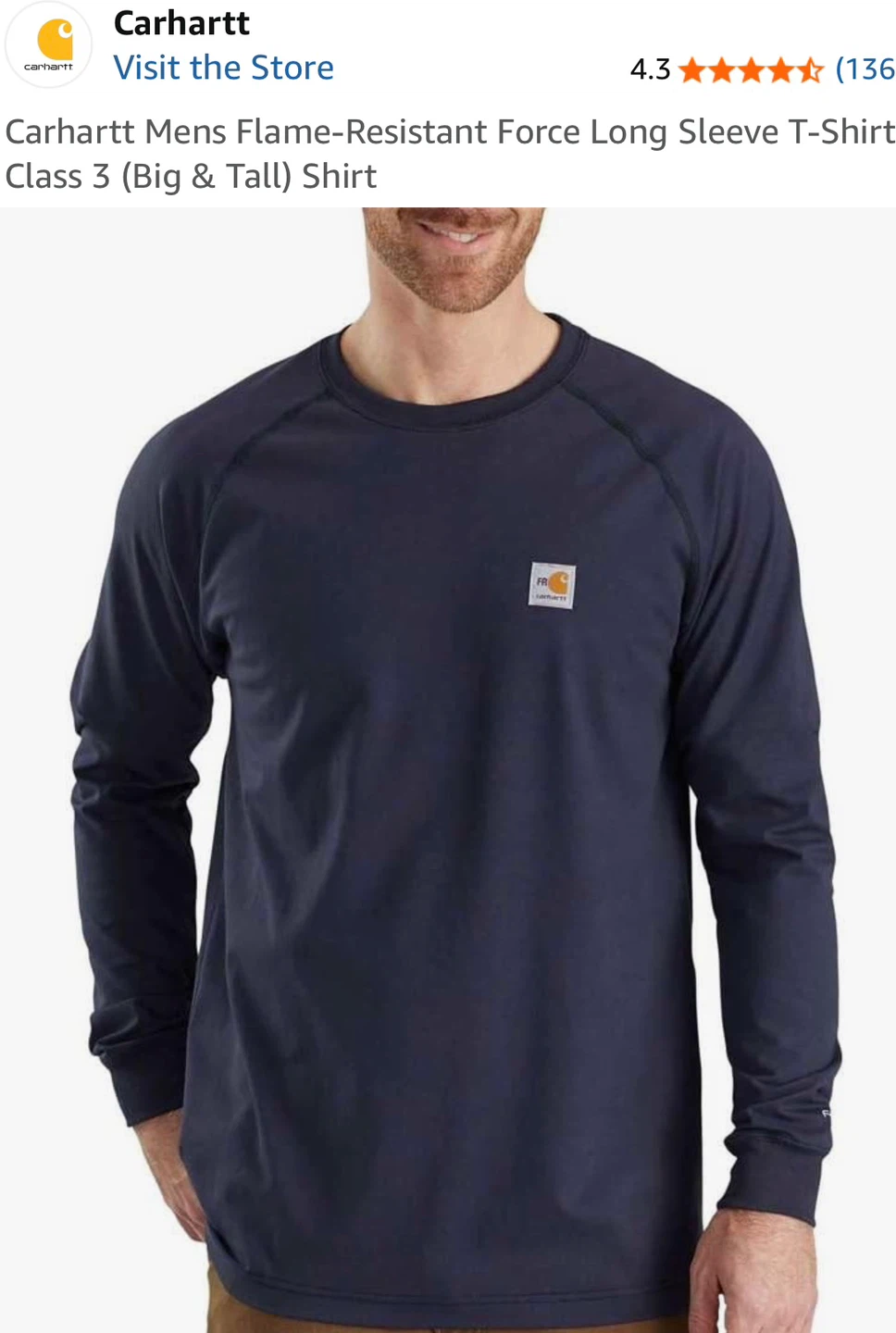 Carhartt FR Relaxed Fit Long Sleeve T-Shirt - Navy - Size L