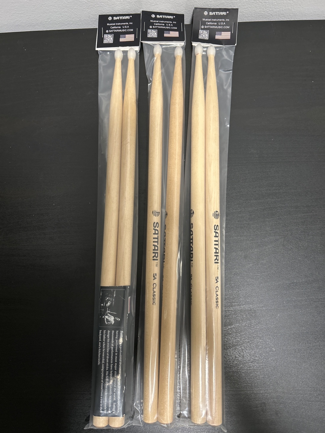 Sattari 5A Classic Drumsticks - Set of 3 Pairs with Bag