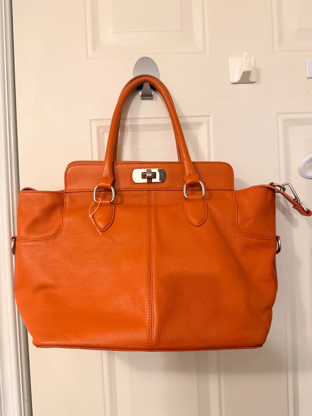 Orange Leather Tote Bag