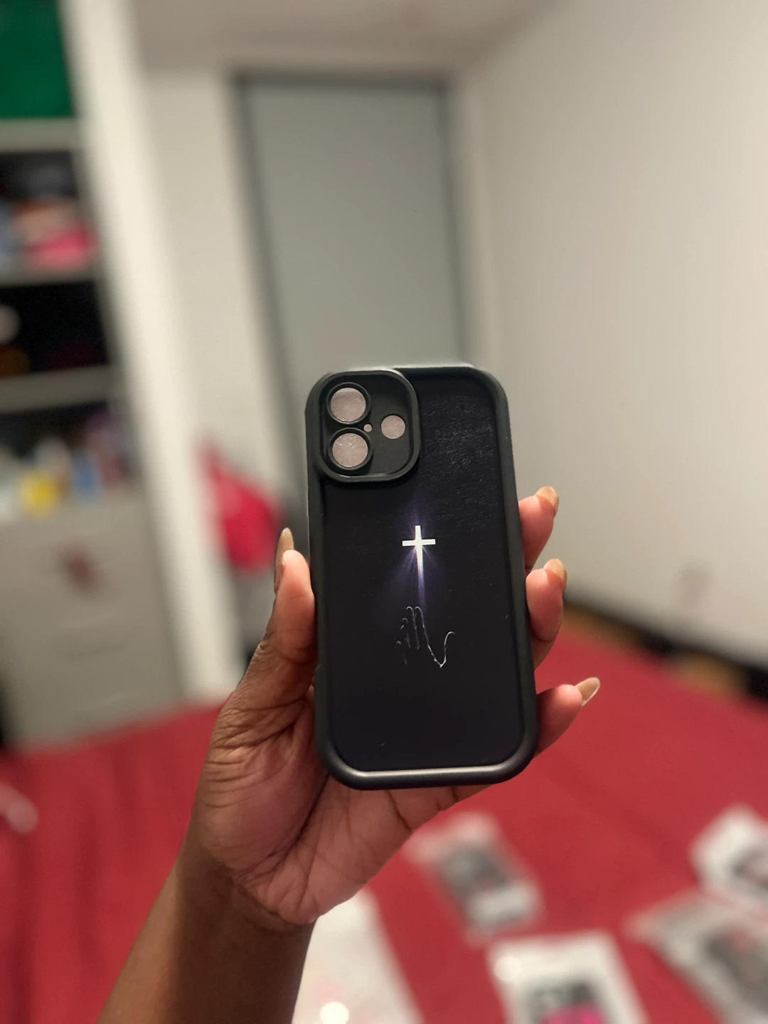 Black iPhone 16 Case with Praying Hands and Cross Design - photo 2