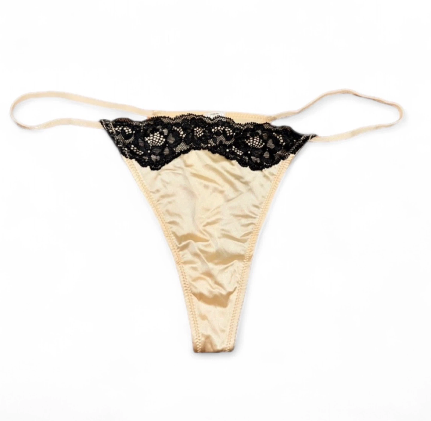 NEW Cream Ivory Black Lace Satin Silk Thong Panties
