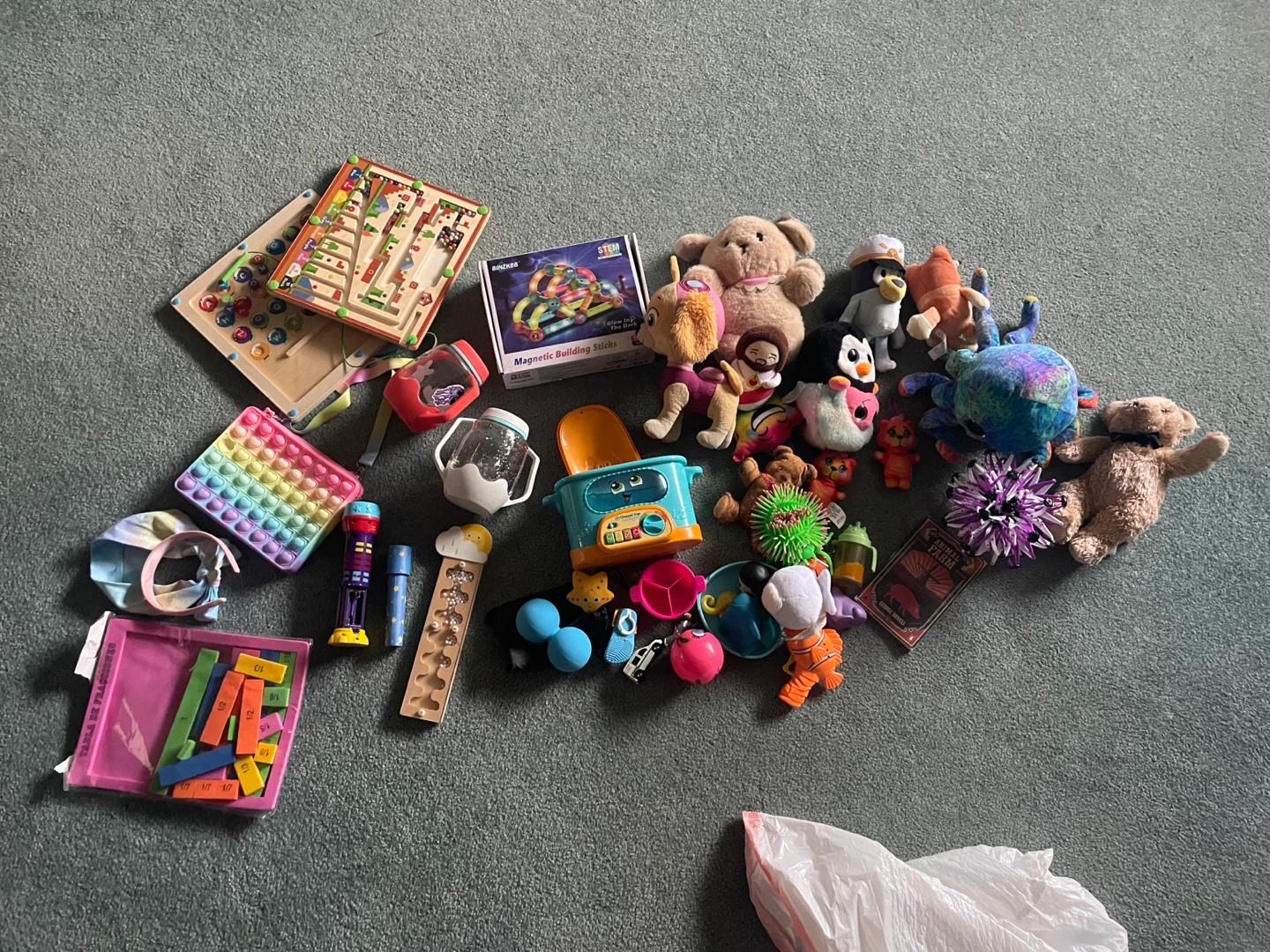 Assorted Kids Toys - Plushies, Games, and Building Sticks