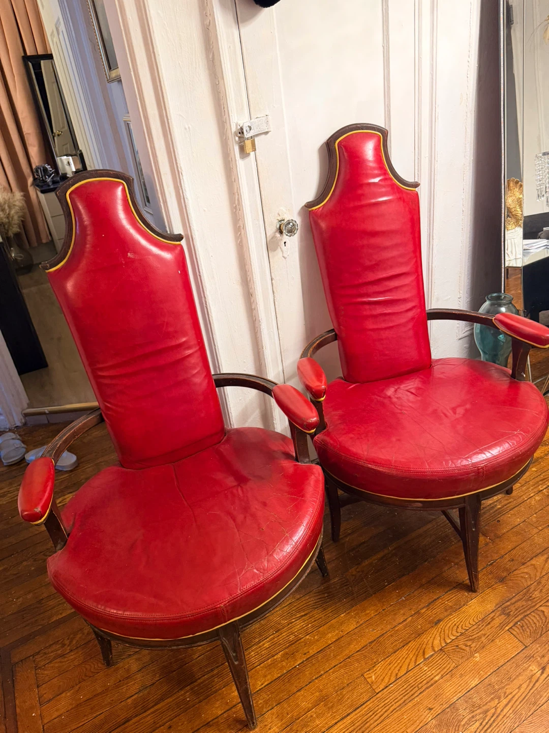 Pair of Red Leather High Back Accent Chairs