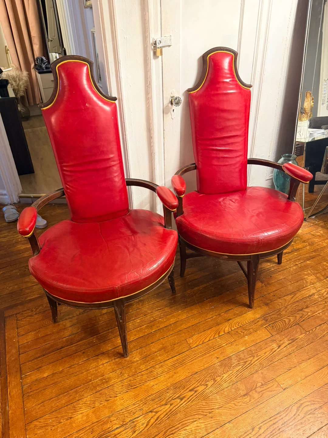 Pair of Red Leather High Back Accent Chairs - photo 2