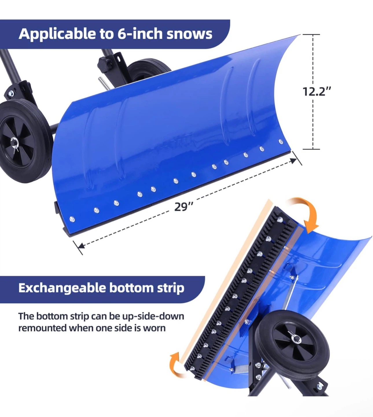 Blue Wheeled Manual Snow Plow - 29" Wide (Snow Pusher/Shovel)