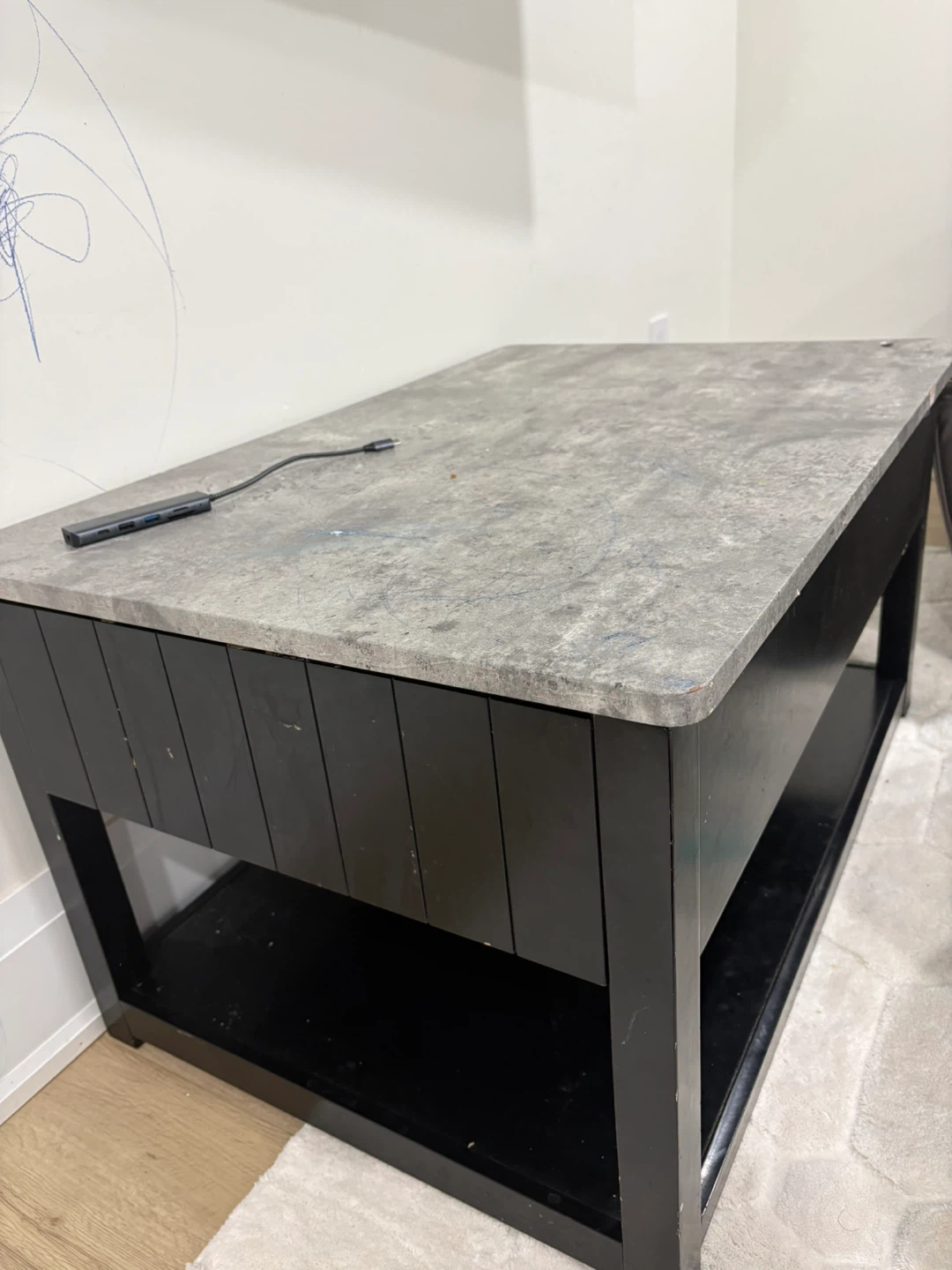 Black Side Table with Grey Faux Stone Top