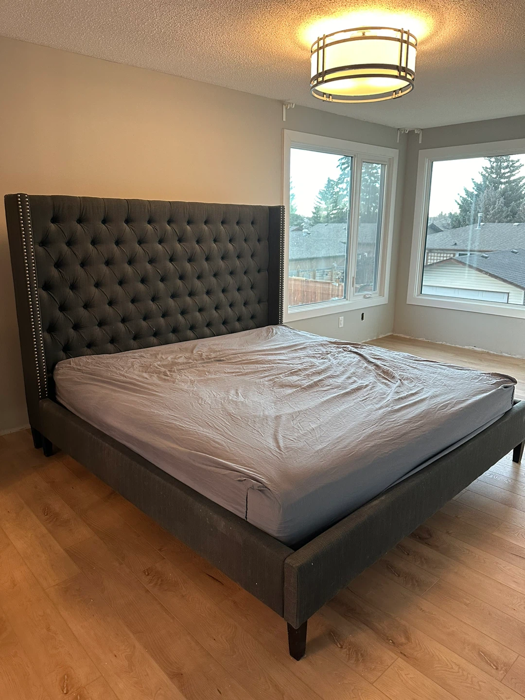 Grey Tufted Wingback King Bed Frame