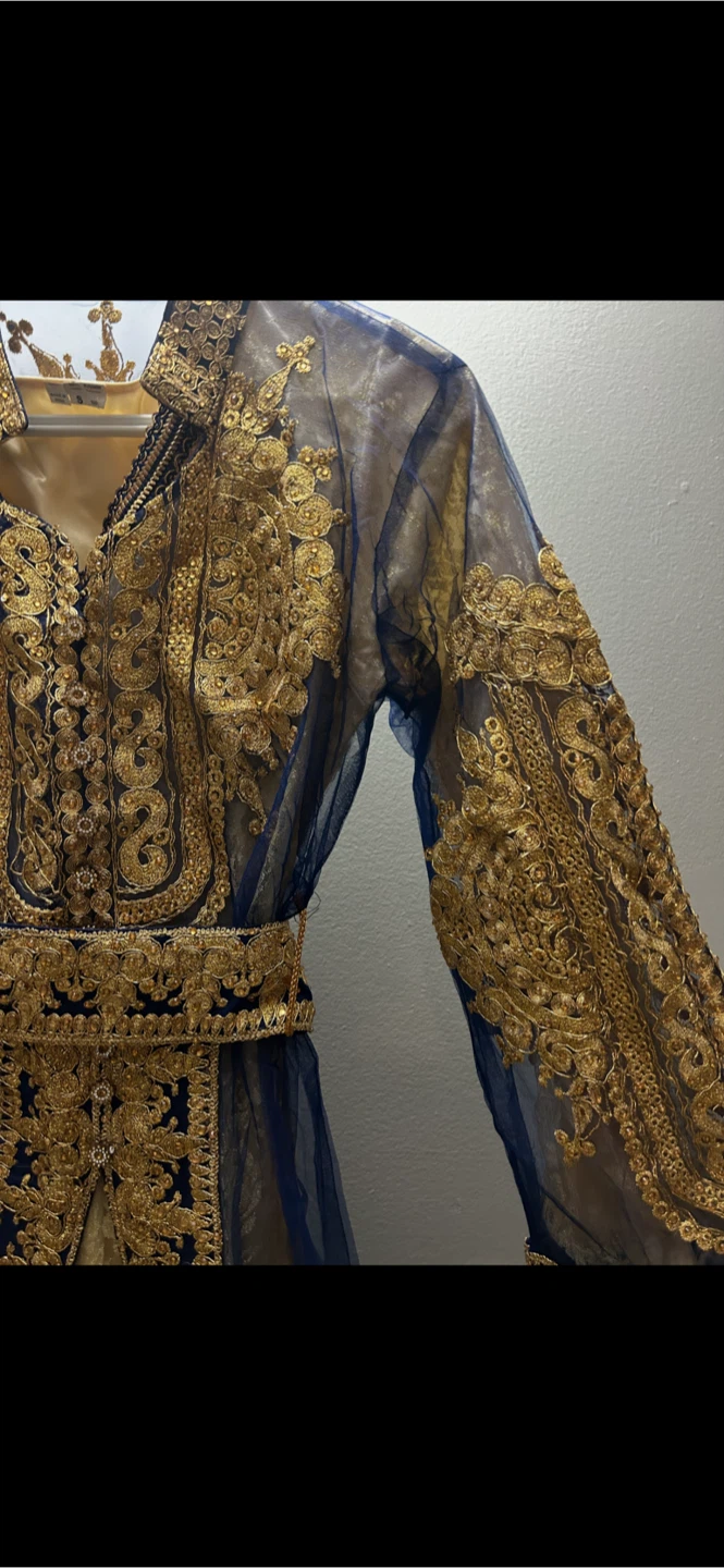 Blue and Gold Embroidered Kaftan Robe