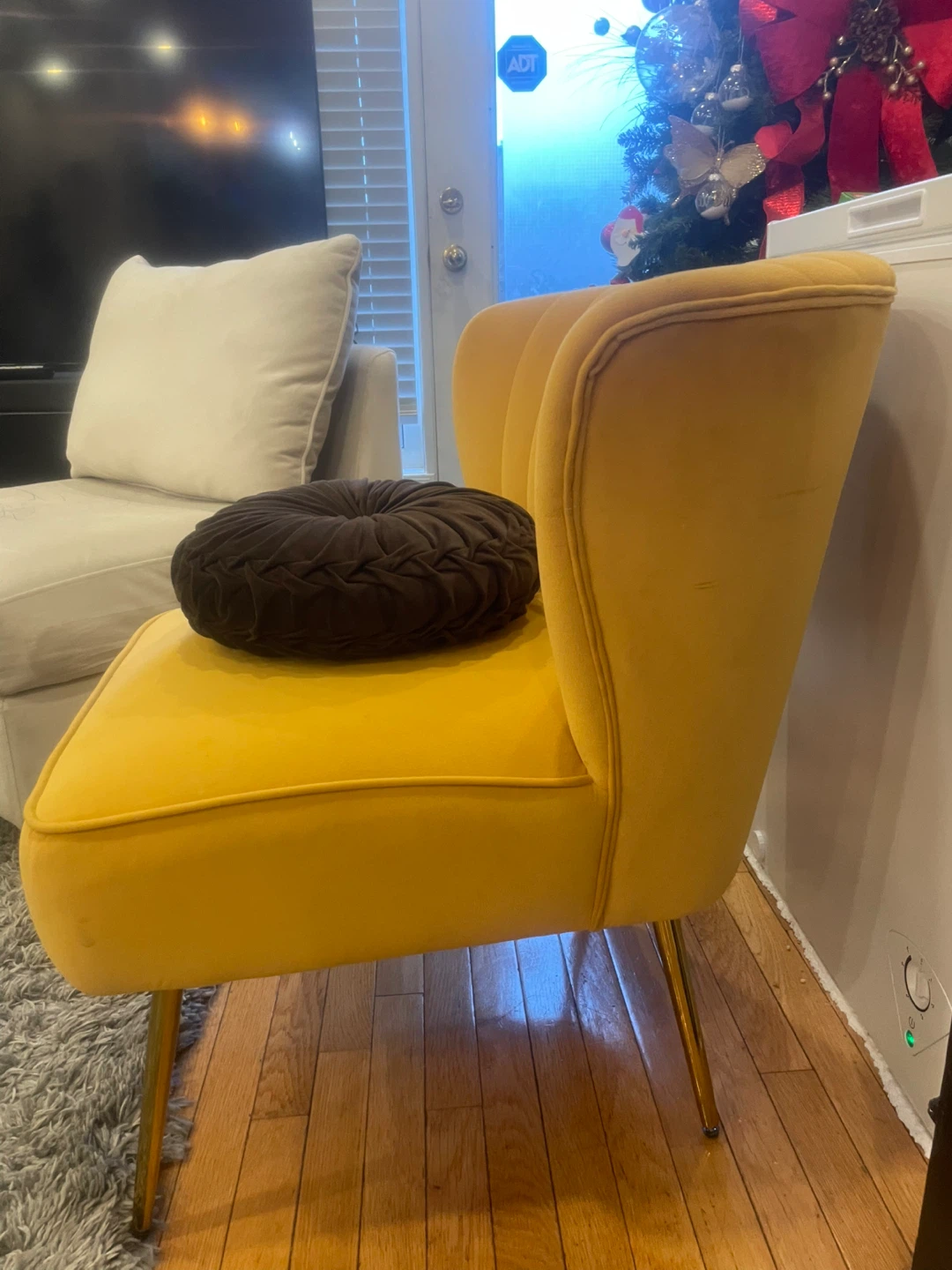 Yellow Velvet Accent Chair with Round Pillow - photo 2