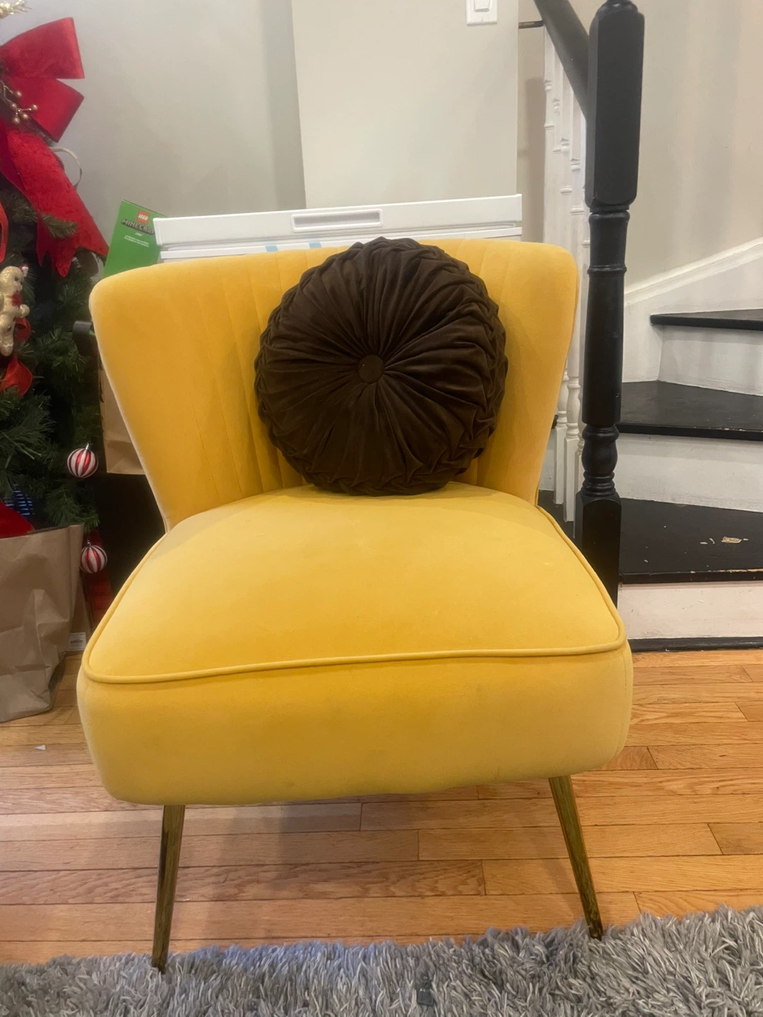 Yellow Velvet Accent Chair with Round Pillow