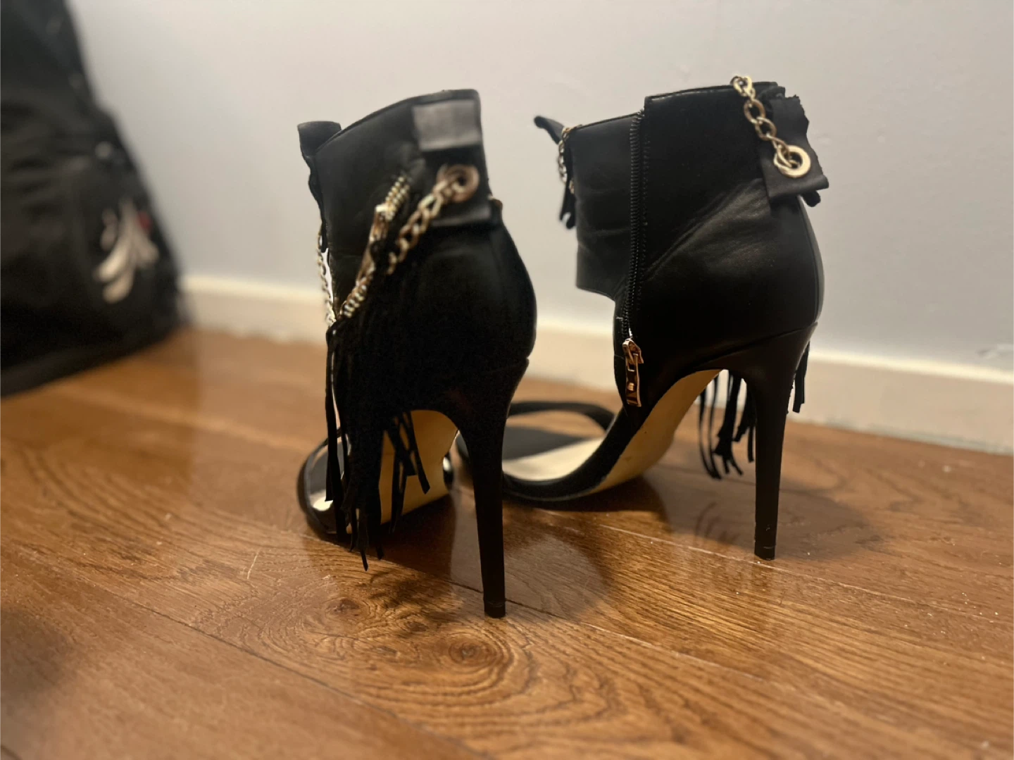 Black Faux Leather Open Toed Heels - photo 3