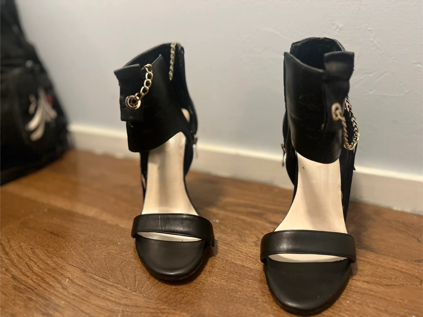 Black Faux Leather Open Toed Heels - photo 5