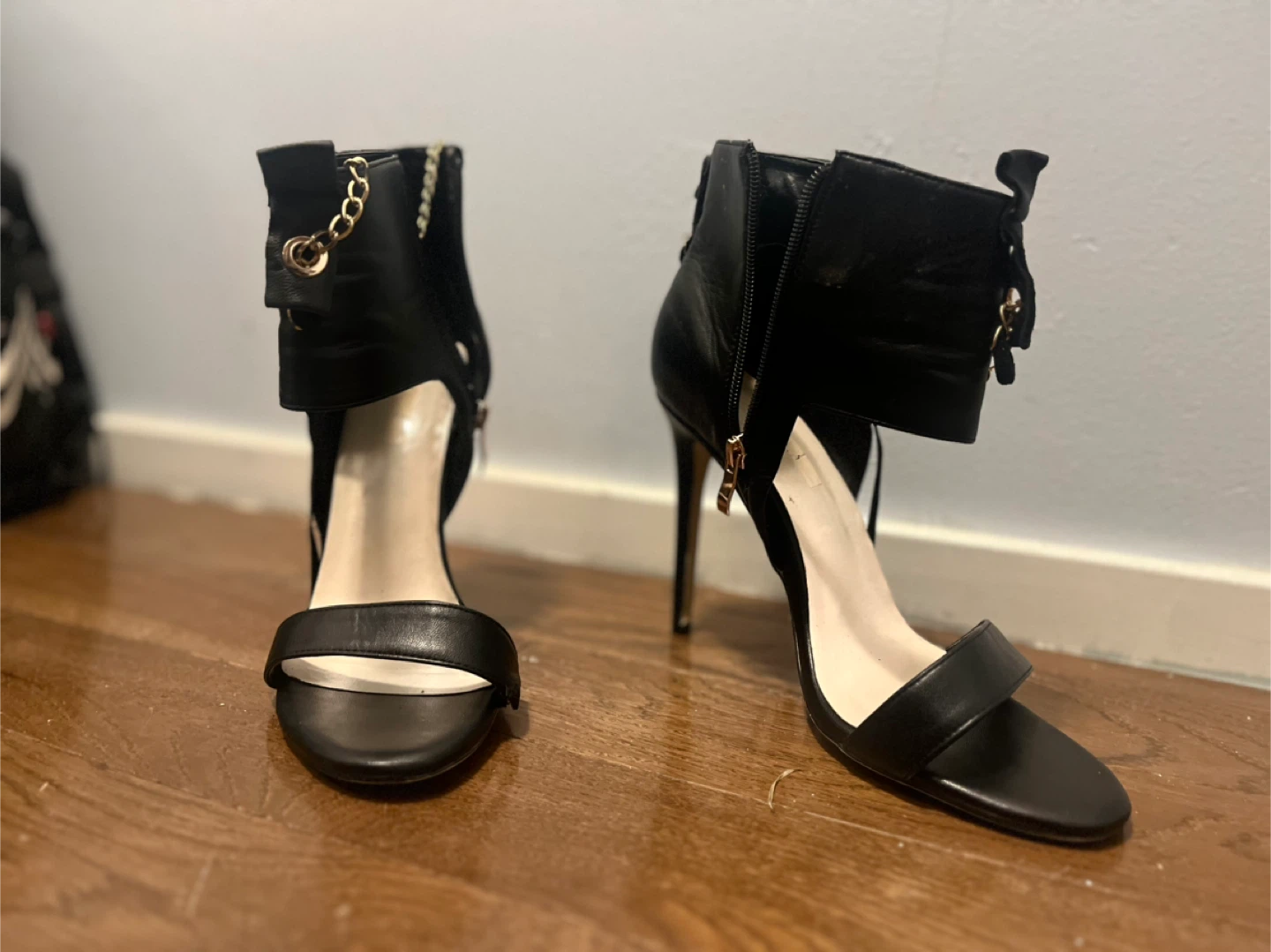Black Faux Leather Open Toed Heels