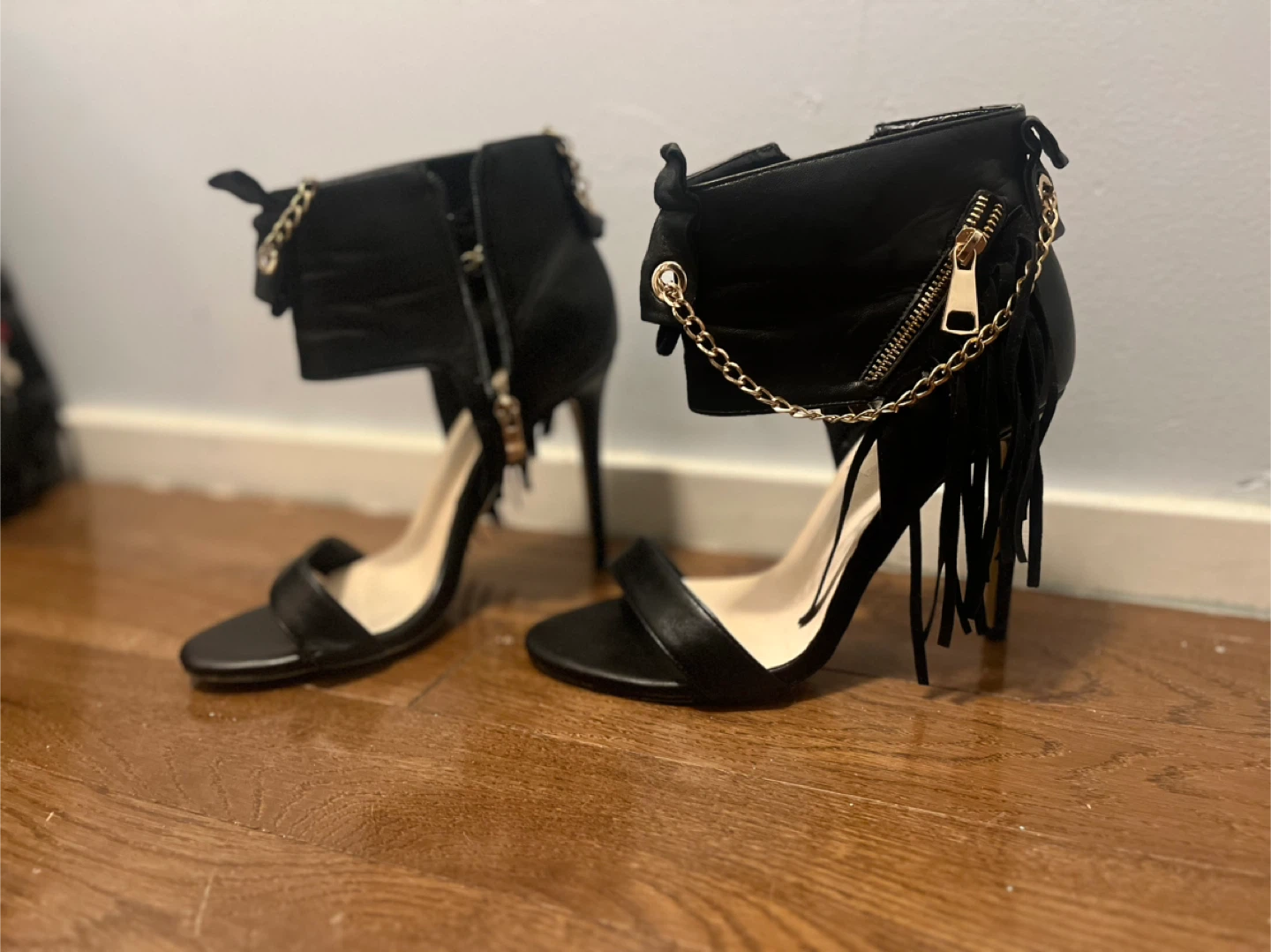 Black Faux Leather Open Toed Heels - photo 2