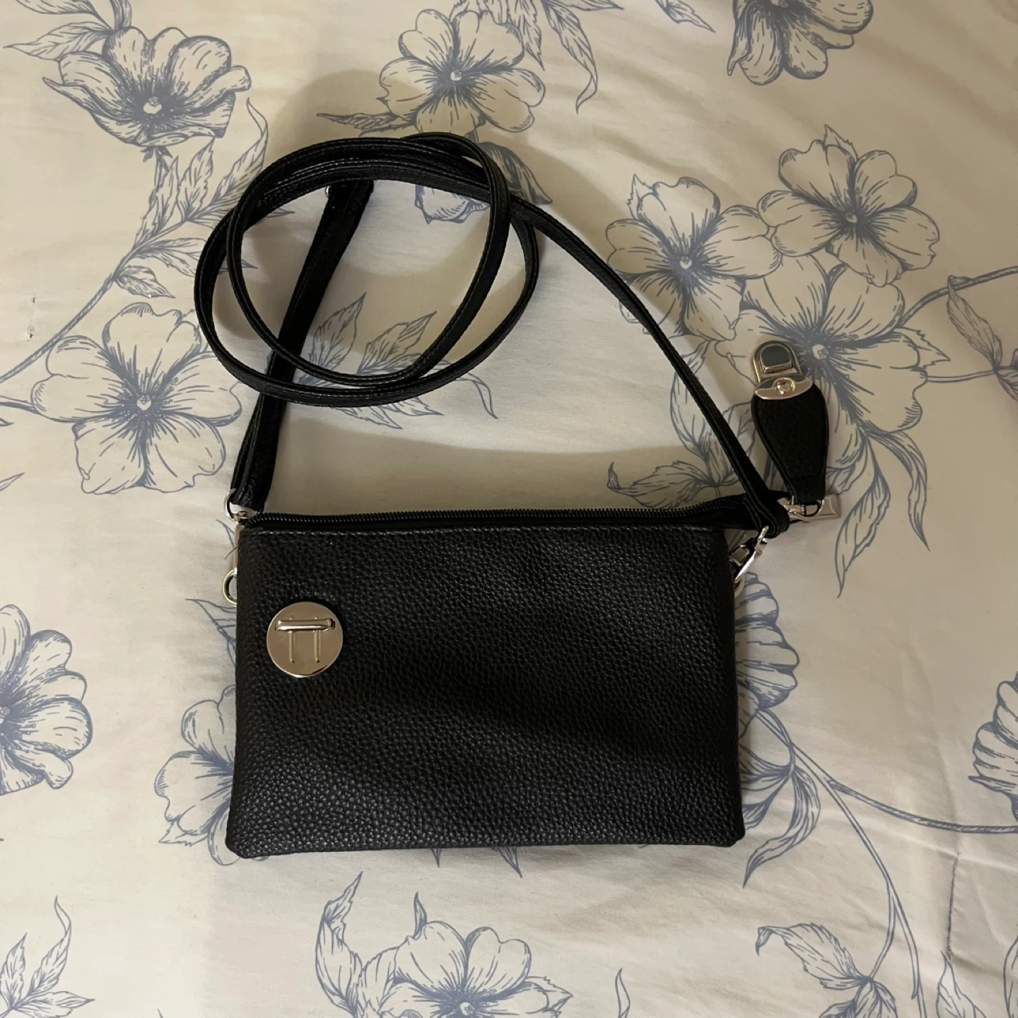 Black Faux Leather Crossbody Purse with Wrist Strap