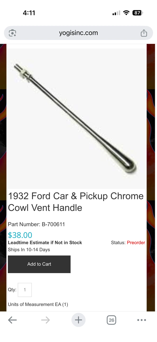 1932 Ford Car & Pickup Chrome Cowl Vent Handle