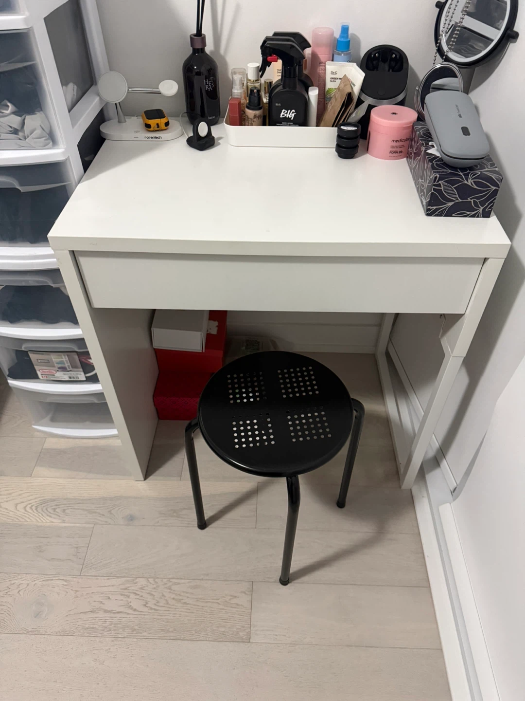 White Vanity Desk with Drawer and Stool