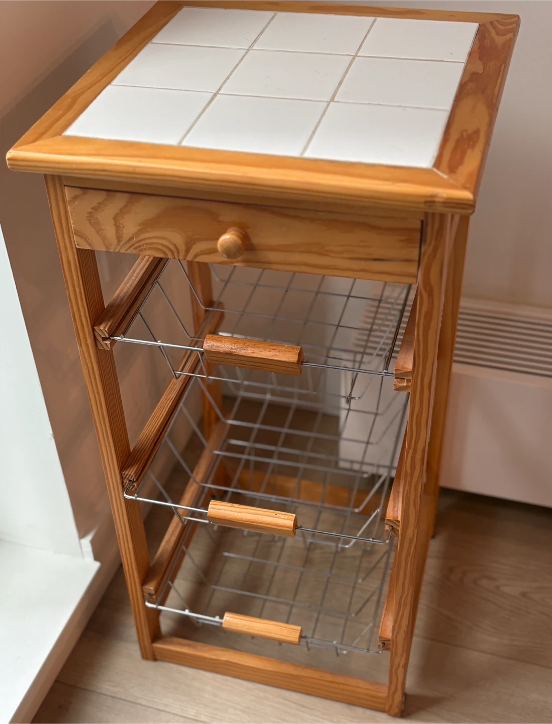 Wooden Kitchen Trolley with Tile Top and Baskets