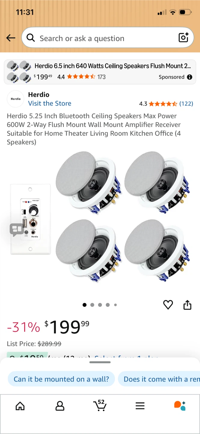 Herdio 5.25 Inch Bluetooth Ceiling Speakers (4 Speakers)