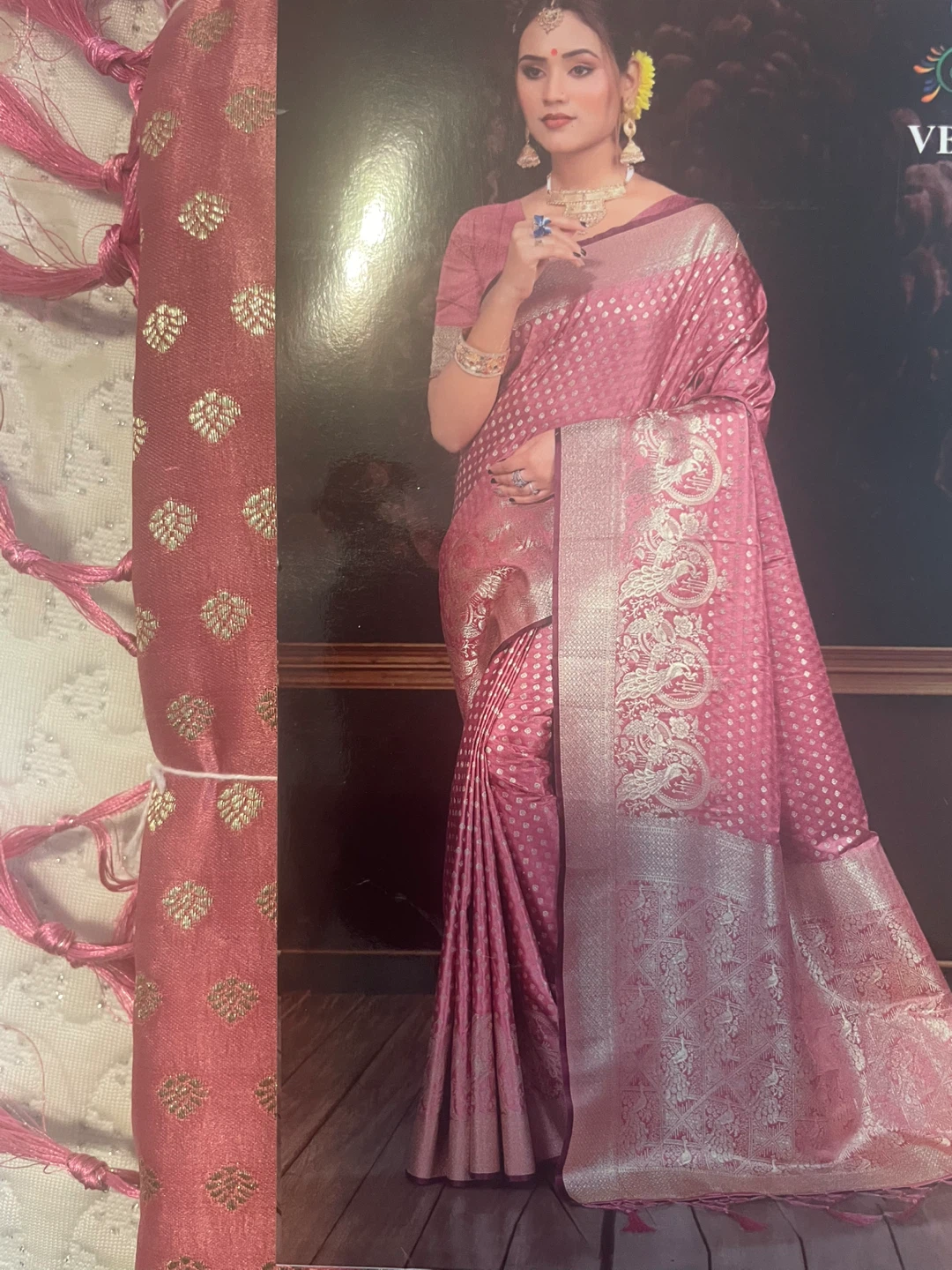 Pink Saree with Gold Peacock and Floral Brocade Design