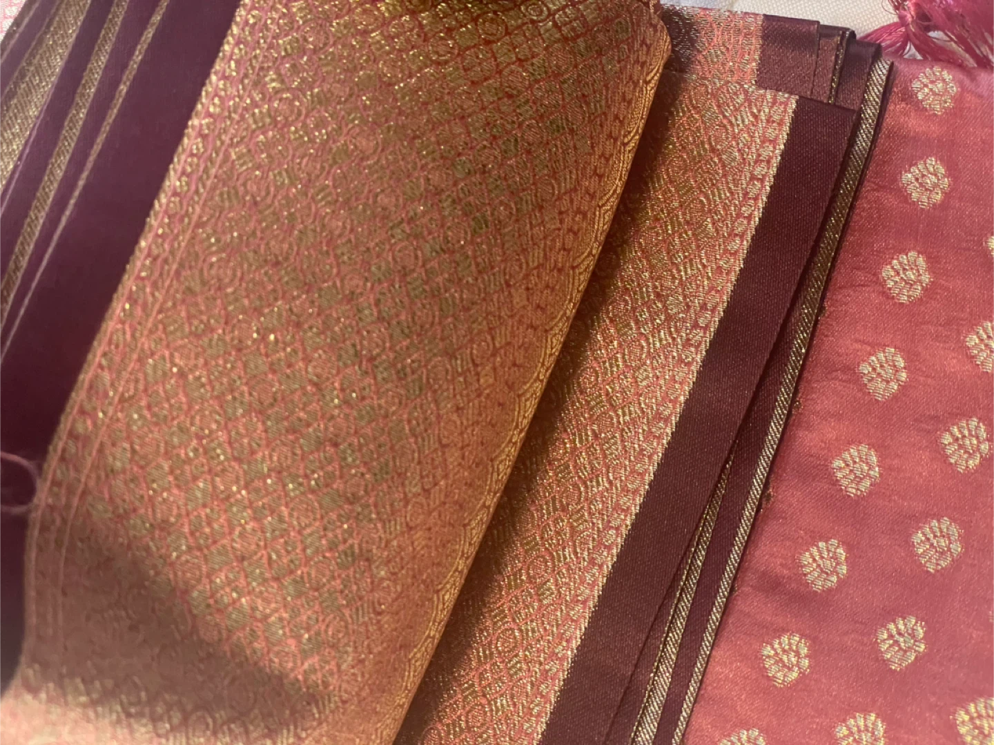 Pink Saree with Gold Peacock and Floral Brocade Design - photo 4