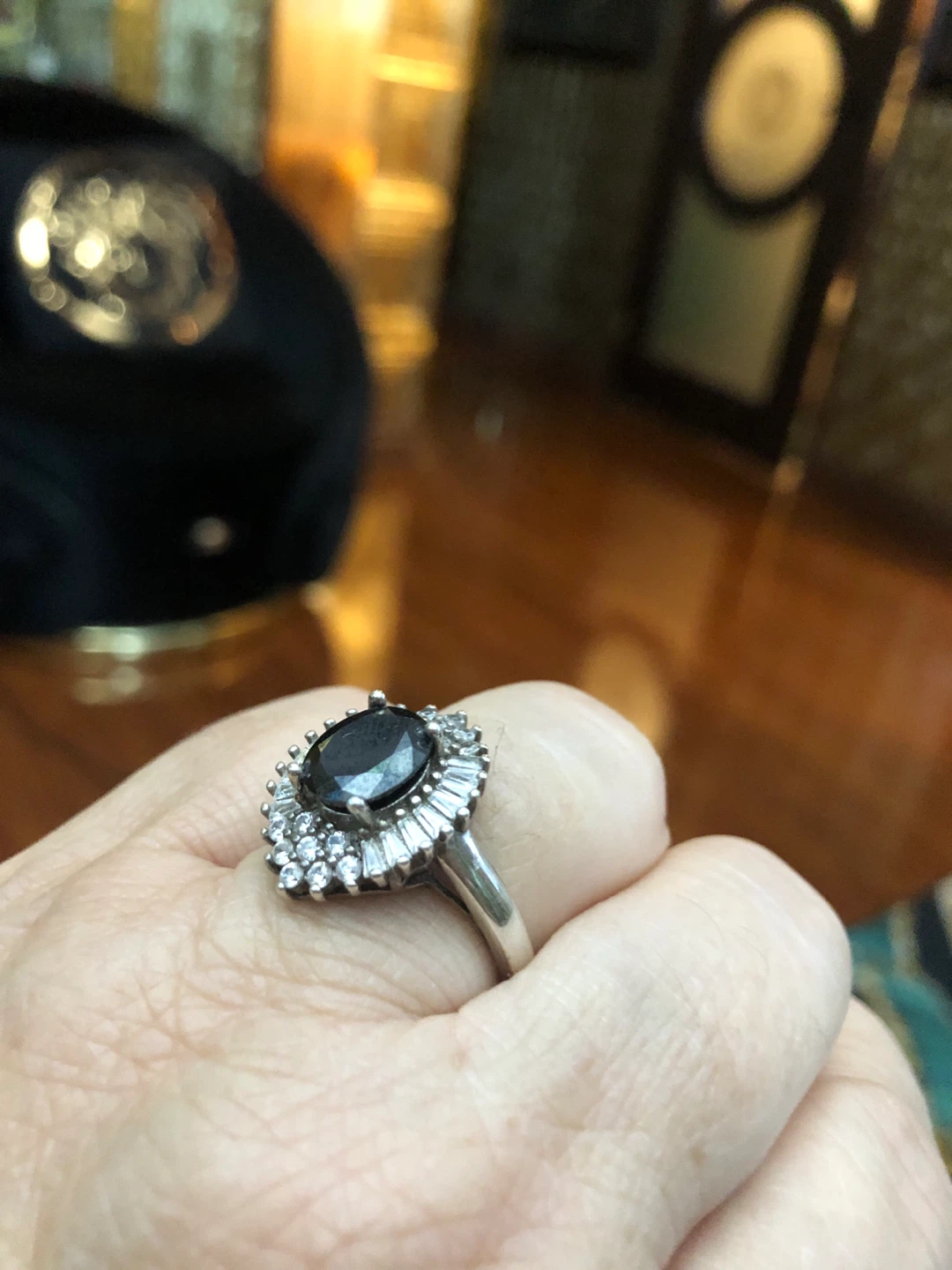 925 stamped silver black onion stone and small diamonds
