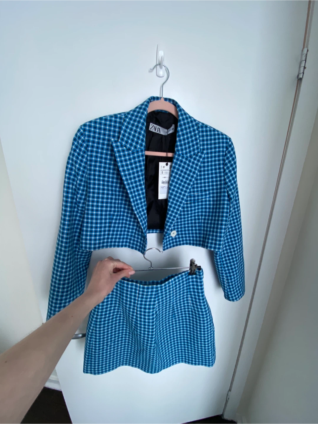 ZARA Blue Plaid Cropped Blazer and Skirt Set Size S