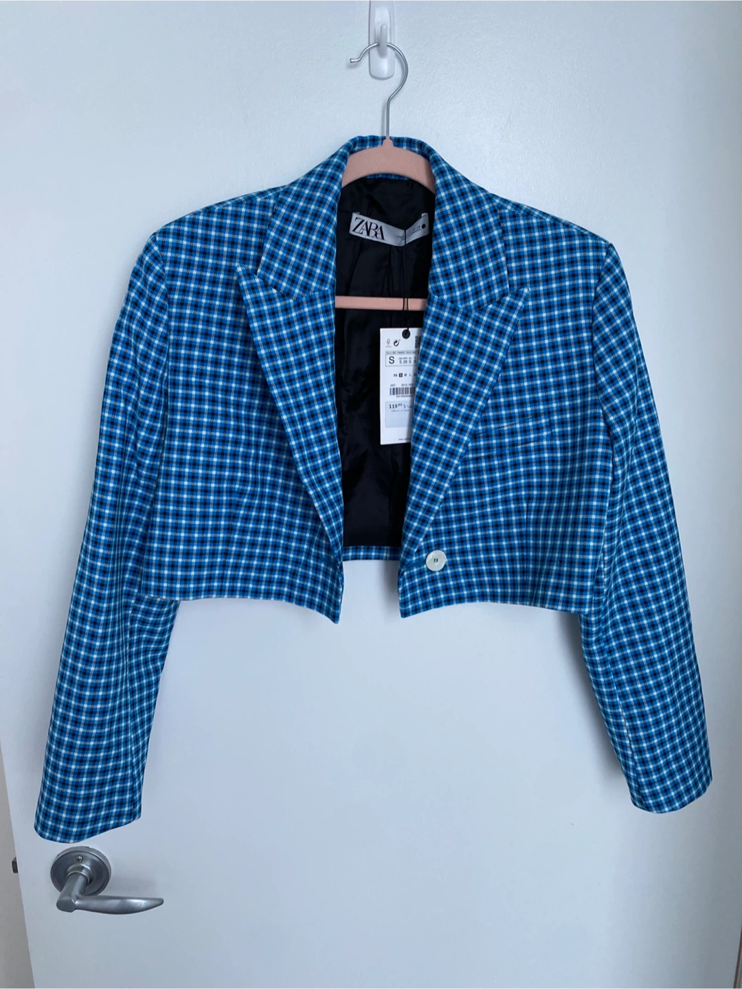 ZARA Blue Plaid Cropped Blazer and Skirt Set Size S - photo 2