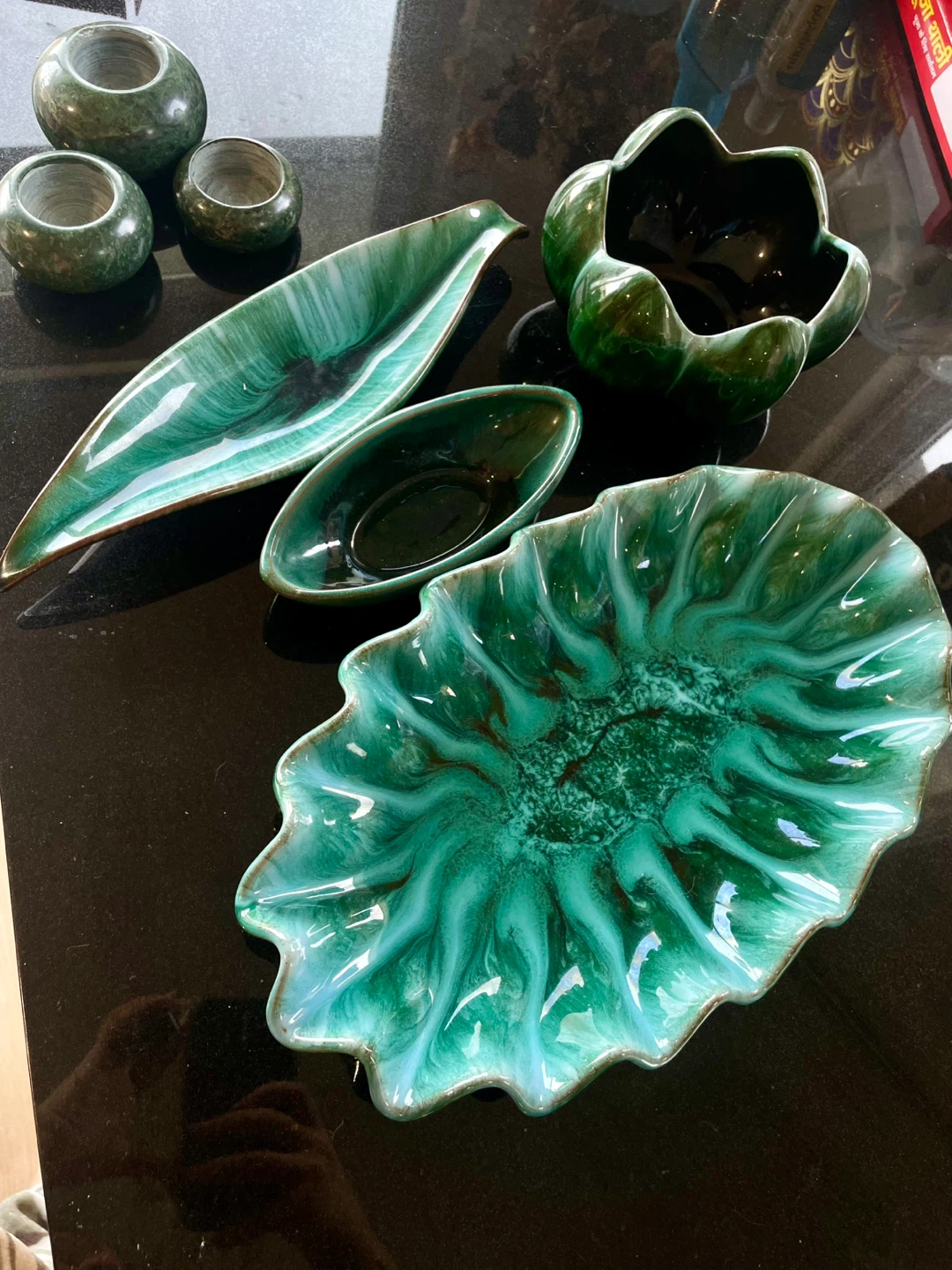 Authentic Green Ceramic Dishes and Bowls Set