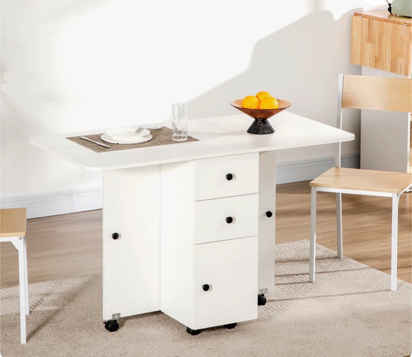 Folding Table with Storage Drawers and Wheels