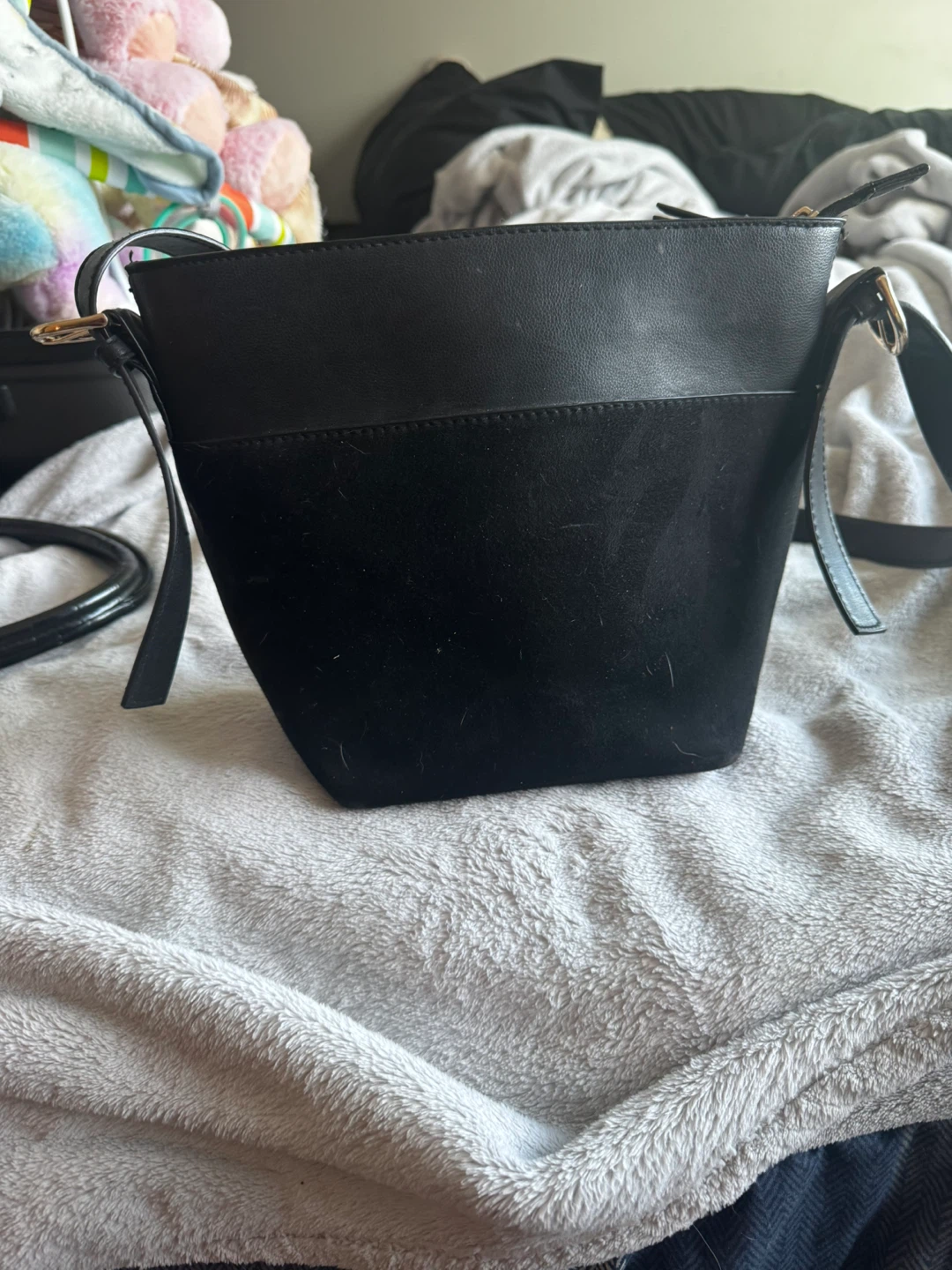 Black Faux Suede Bucket Bag