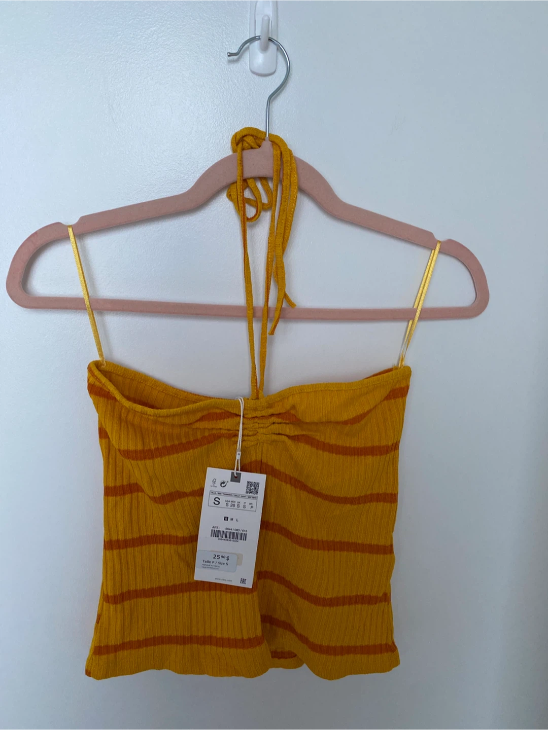 Zara Yellow Orange Striped Ribbed Halter Crop Top - Size S