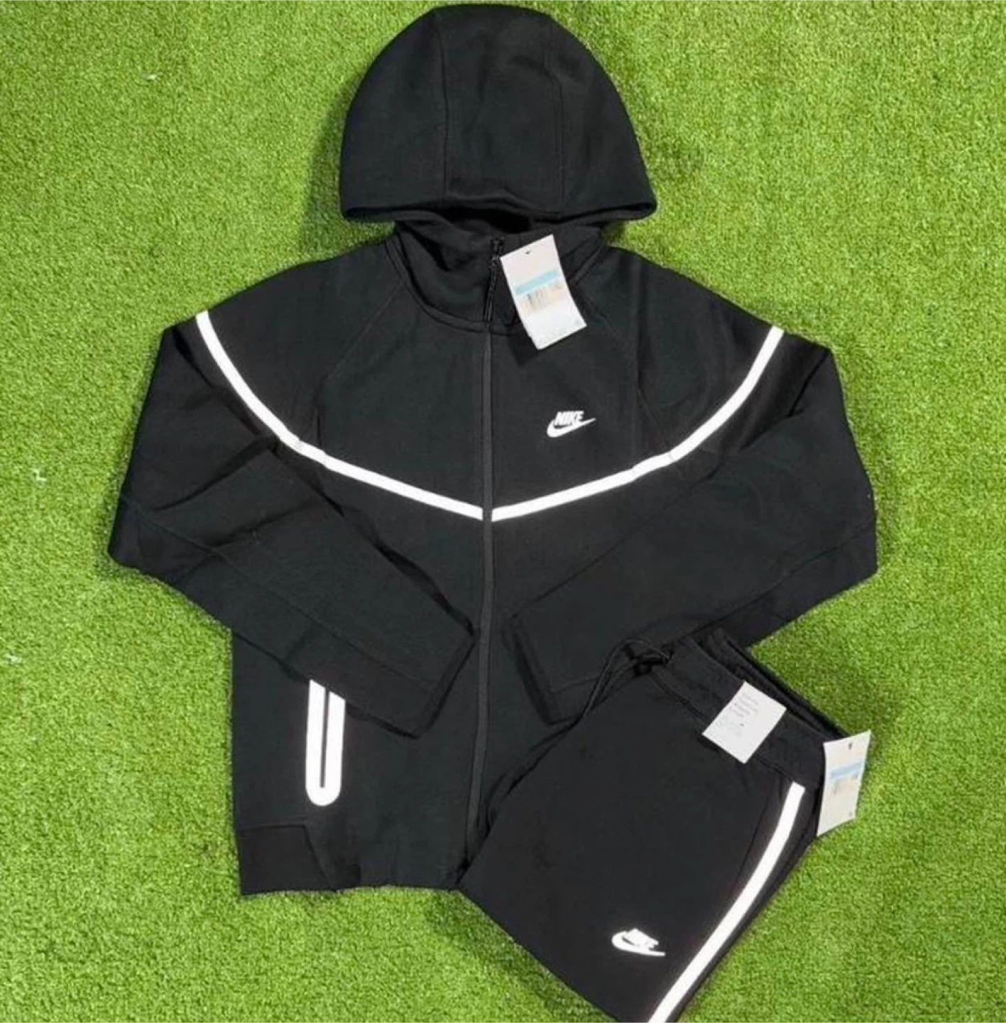 Nike Tech Black/White Reflective Fleece Full Zip Tracksuit Set
