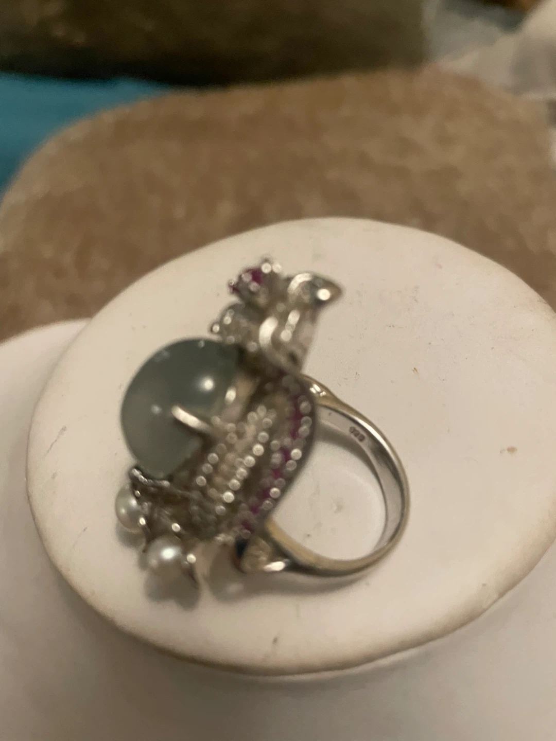 Silver Ring with Jade, Pearls, and Garnets - photo 2