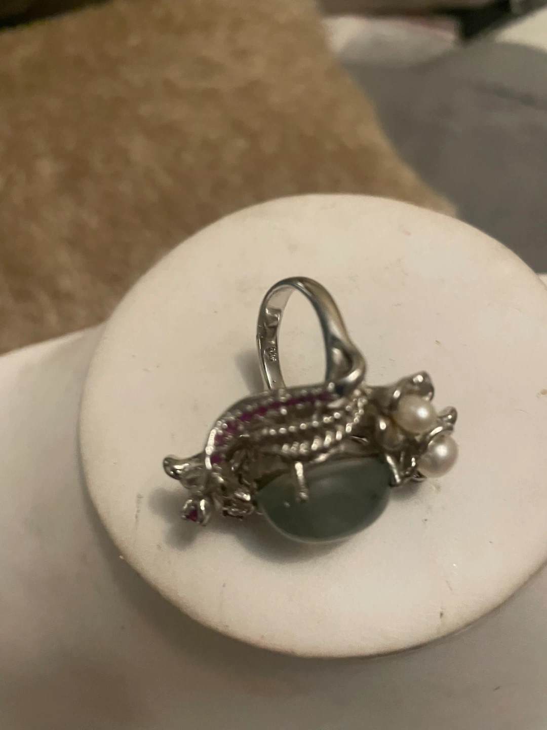 Silver Ring with Jade, Pearls, and Garnets - photo 3
