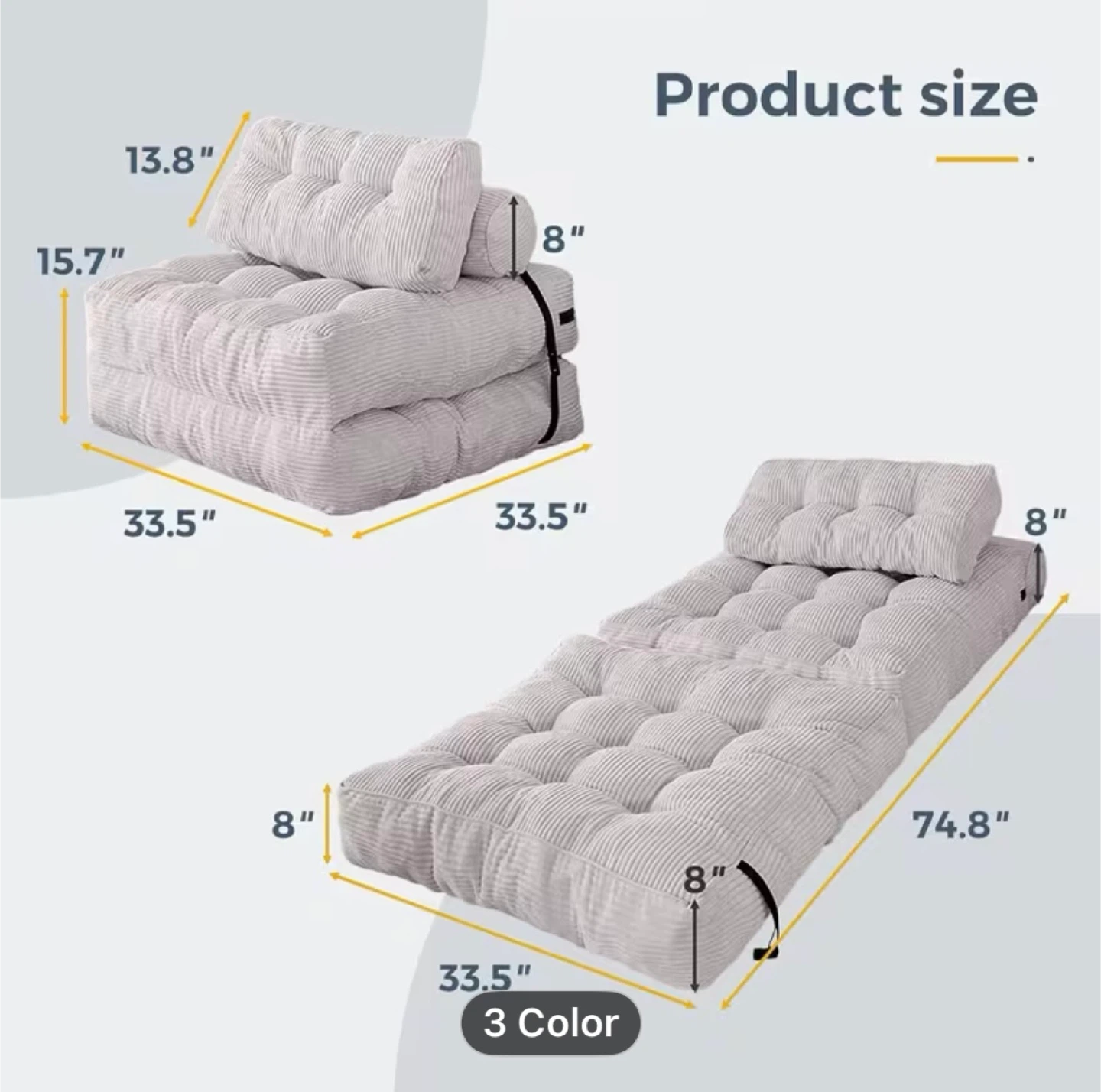 4 in 1 Folding Sofa Bed Ottoman Footrest Grey Corduroy - photo 3