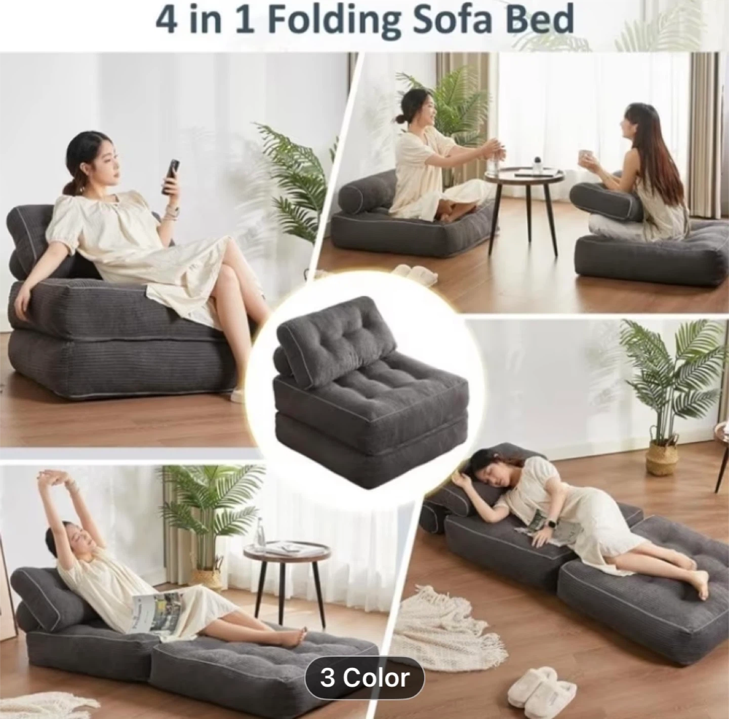 4 in 1 Folding Sofa Bed Ottoman Footrest Grey Corduroy - photo 2