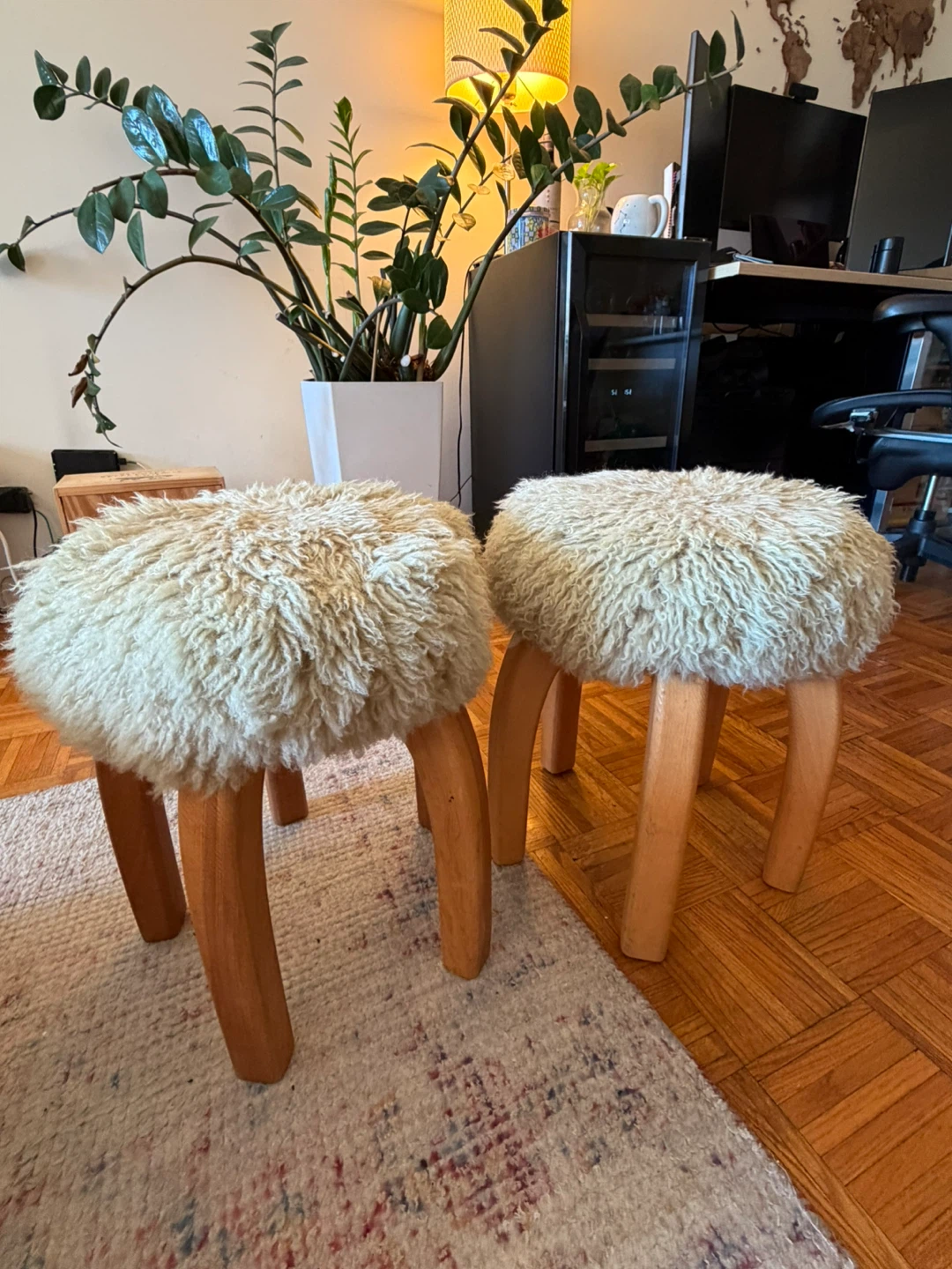 Set of 2 Sheepskin / Mongolian Fur Stools – Solid Wood Legs