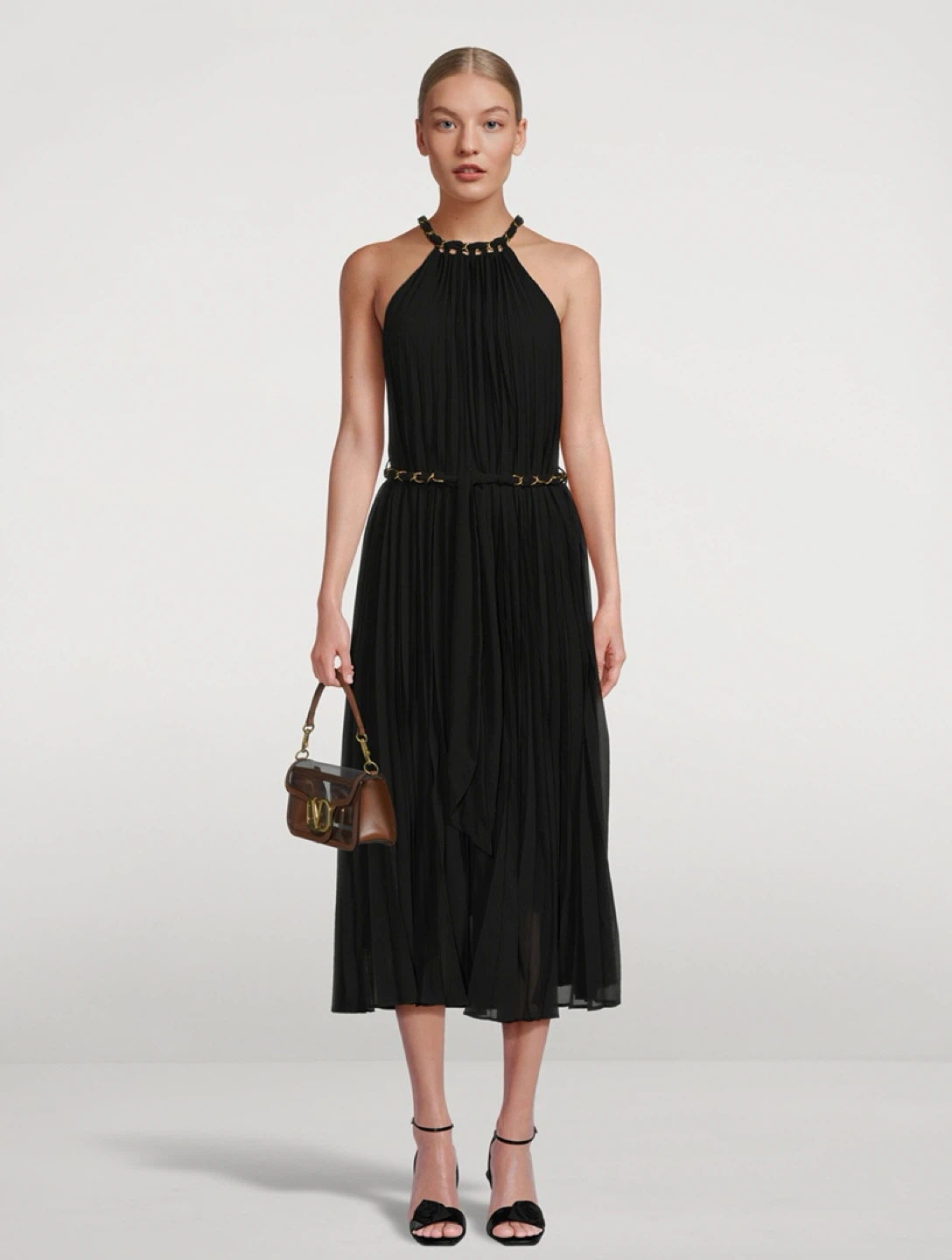 Black Halter Neck Midi Dress with Gold Chain Belt - size L