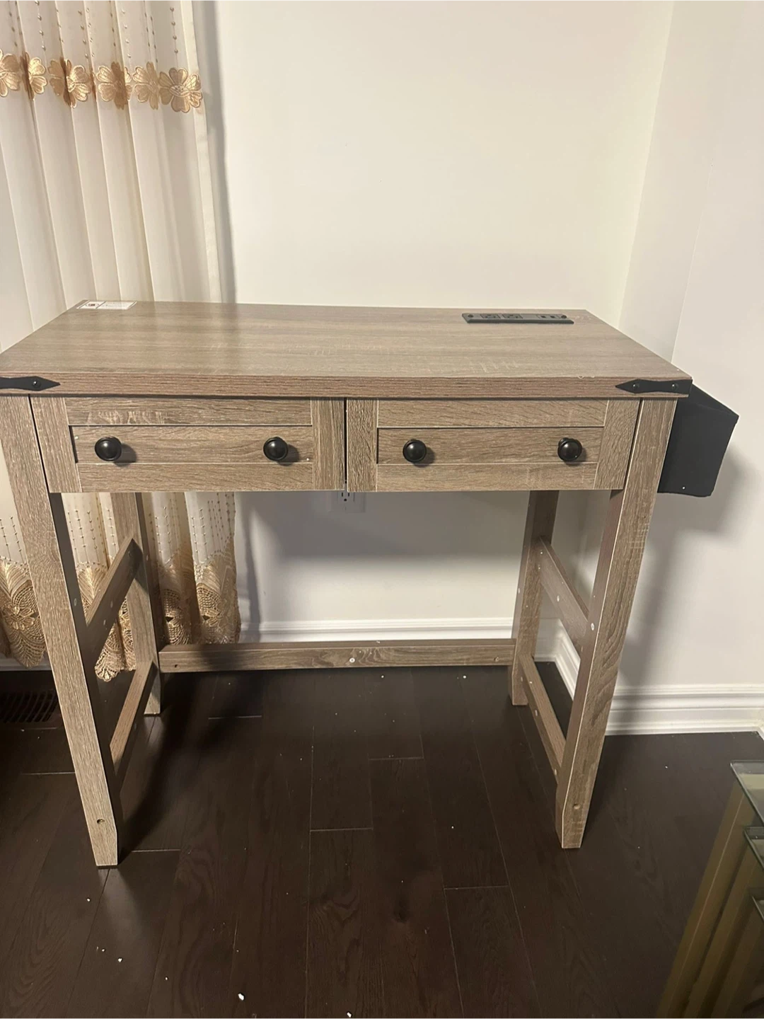 Wooden Desk with Built-in Power Strip and USB Ports