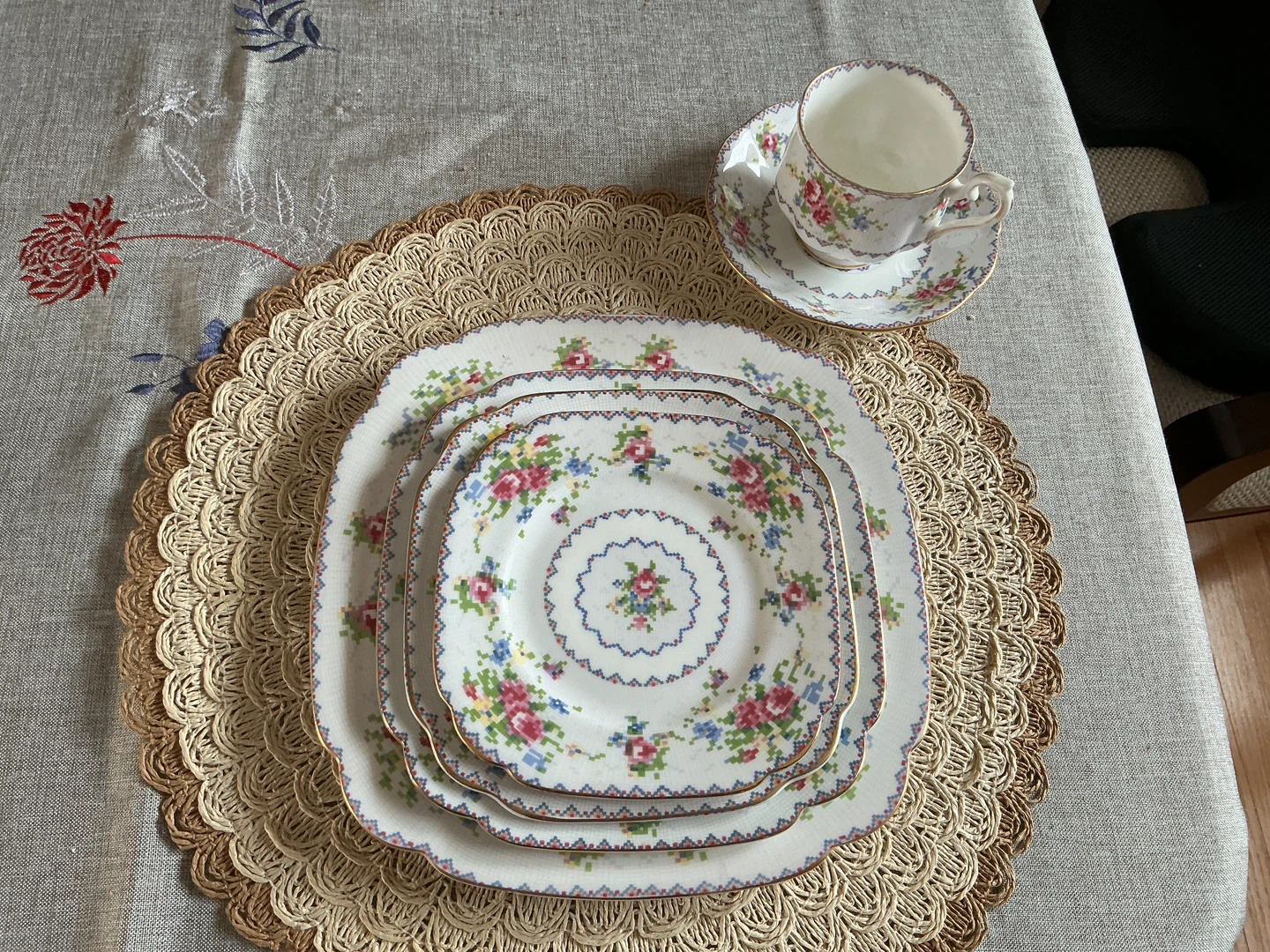 Vintage Petit Point 5 plate with cup and saucer place setting
